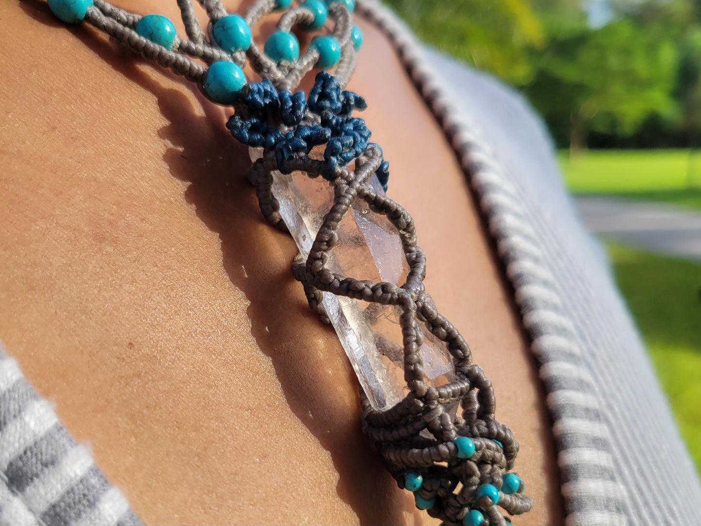 Boho quartz necklace with multistrand cord design