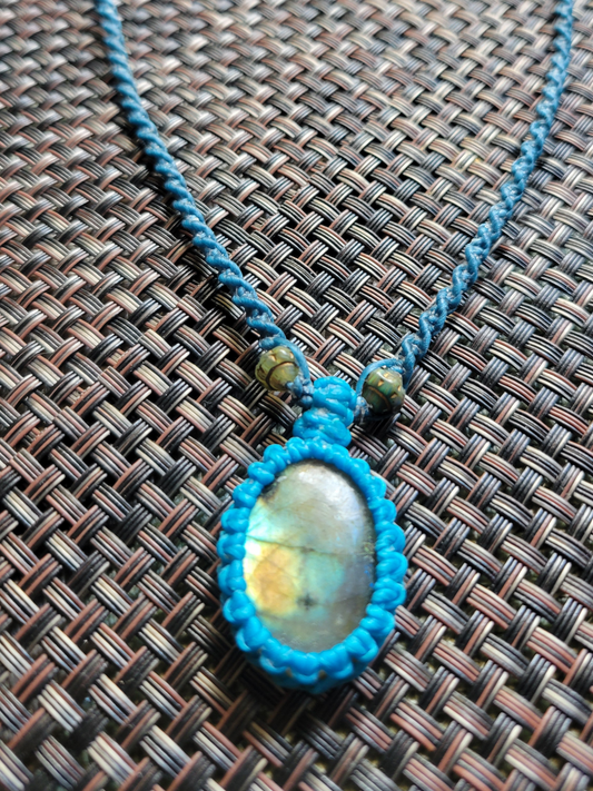 “Starseed” – Small Oval Labradorite Pendant Necklace, Blue Cord & Spiral Braid, Adjustable for Kids & Adults