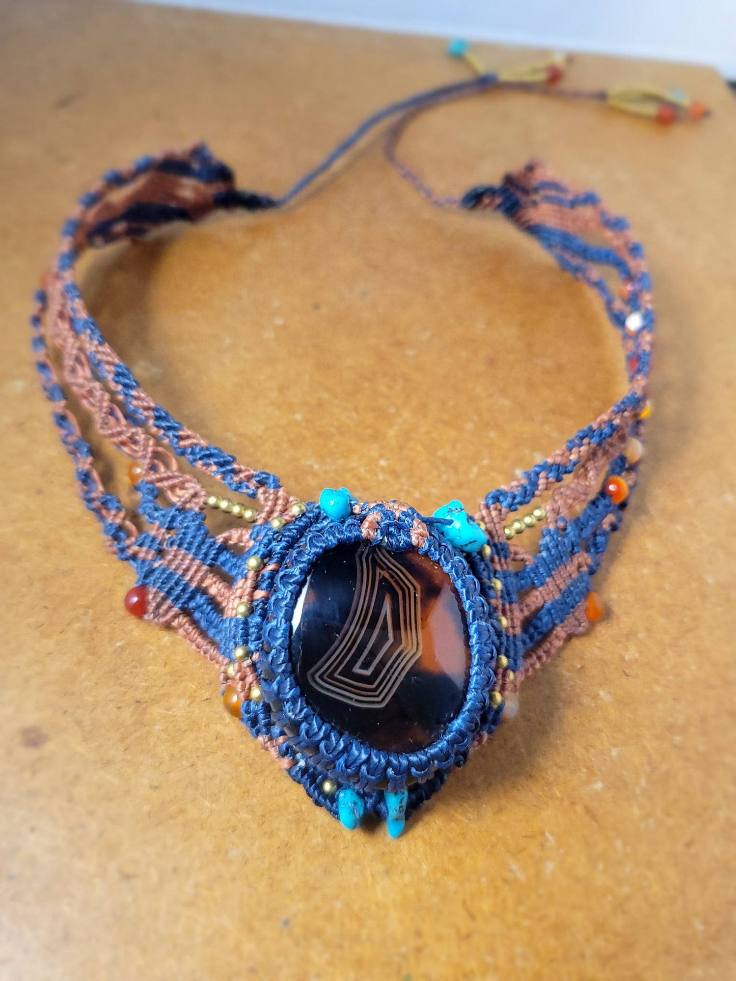 Multistranded Choker Necklace – Carnelian, Turquoise & Brass with Black Agate Radiant Pendant