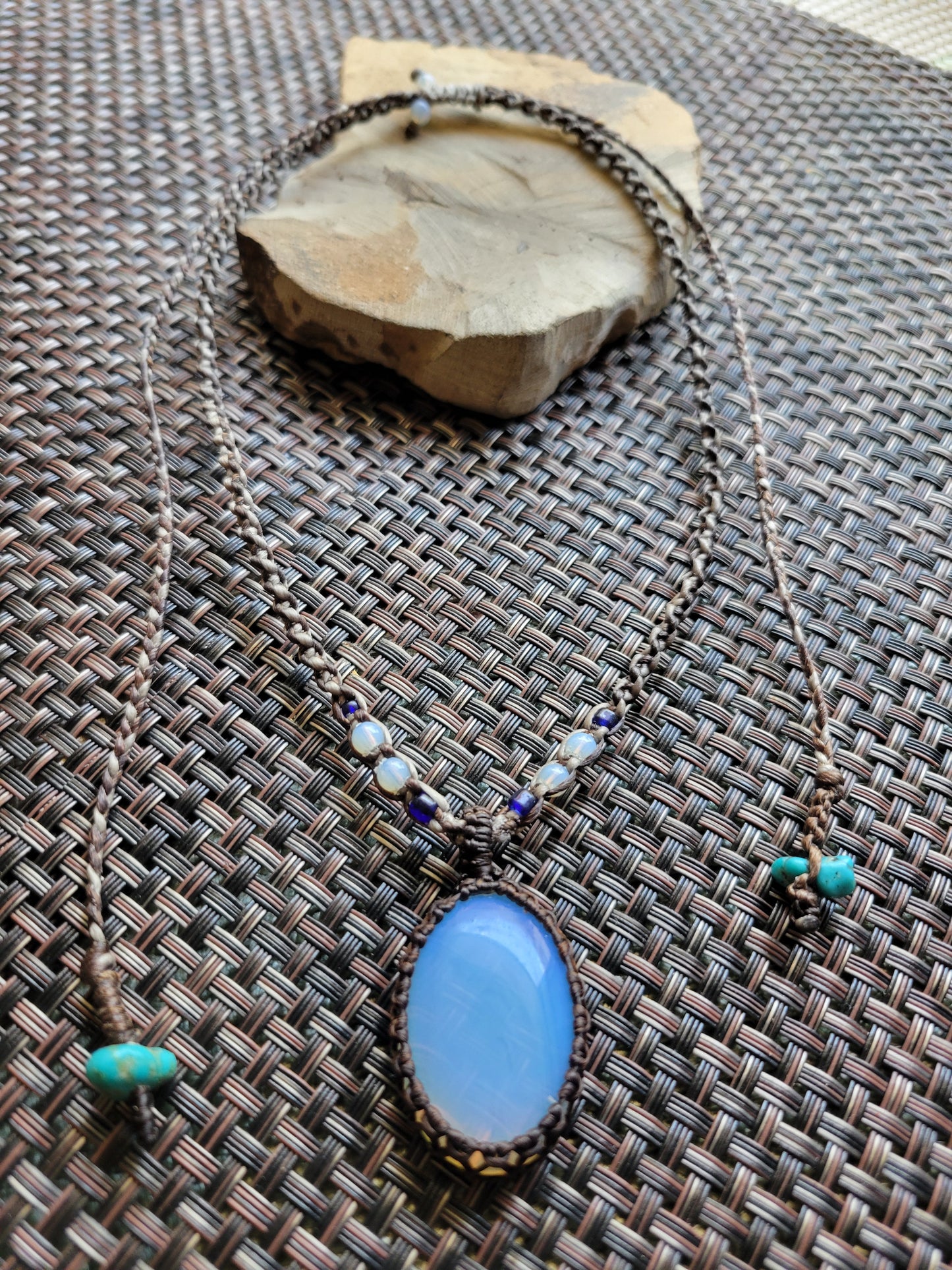 Opalite Pendant – Minimalist Boho Adjustable Necklace with micromacramé design and subtle bead accents.