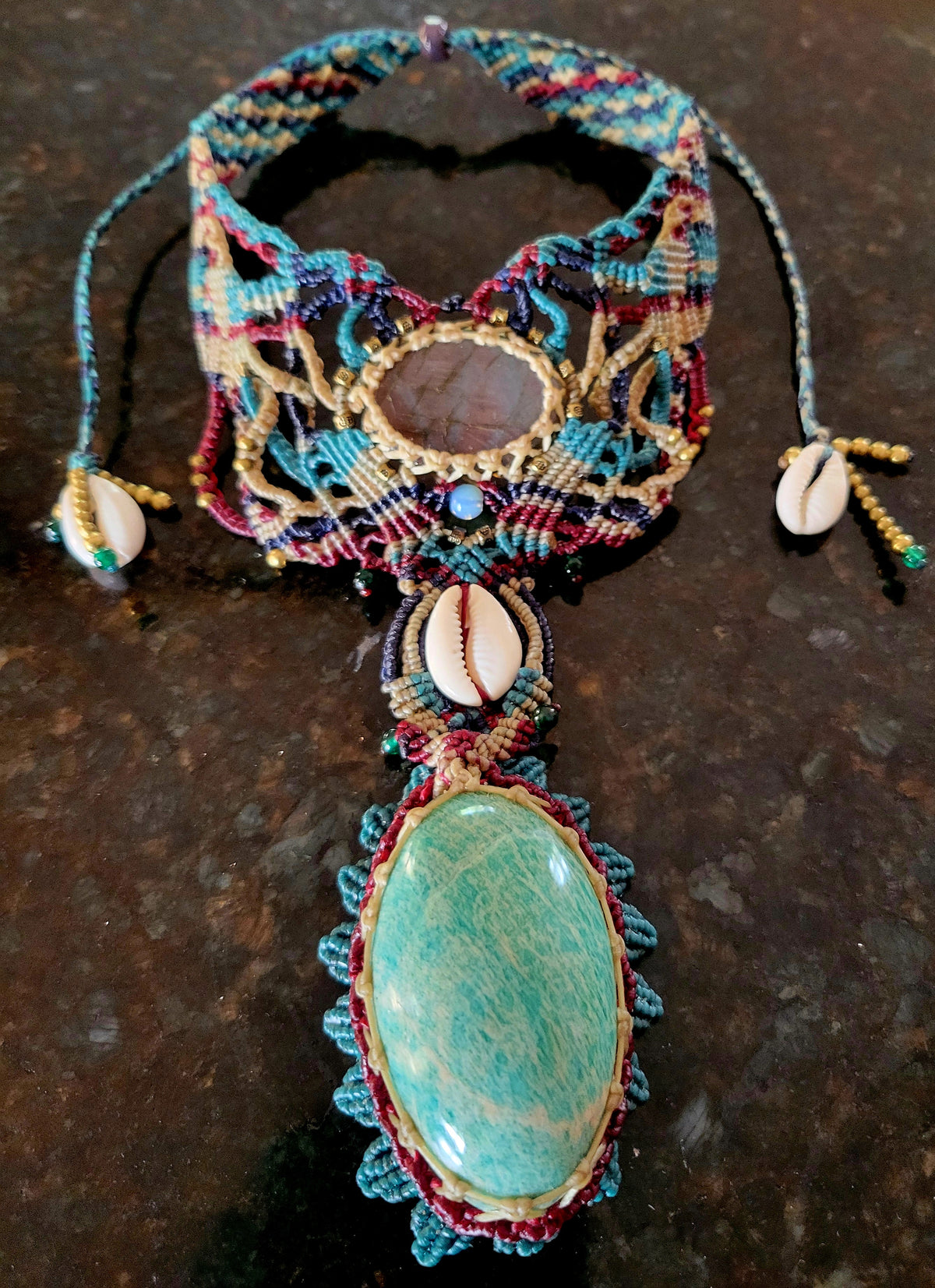 Amazonite Pendant Necklace showcasing large natural Amazonite gemstone with intricate micromacramé design.