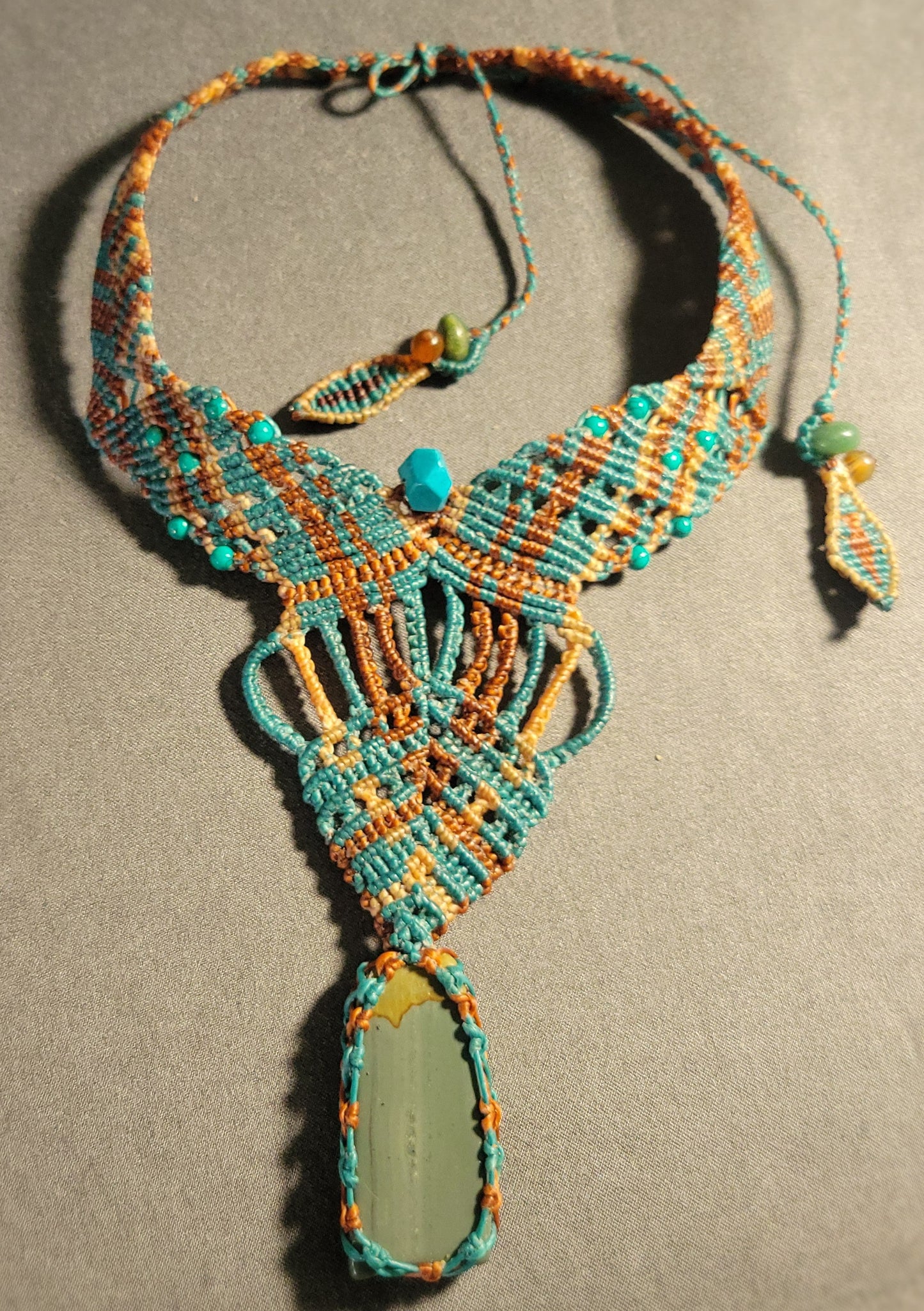 Jasper Stone Jewelry featuring a stunning Picture Jasper Ocean Boho Luxe Choker with turquoise macramé design.