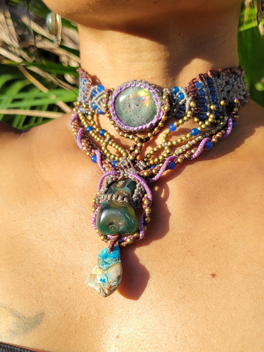 Labradorite Necklace with multistrand pink and purple braided
