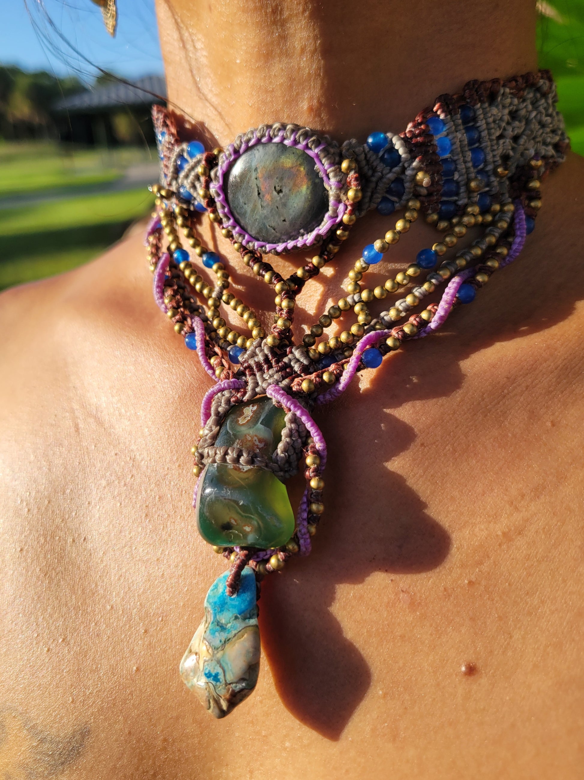 Handmade Labradorite Necklace with agate stones and brass beads