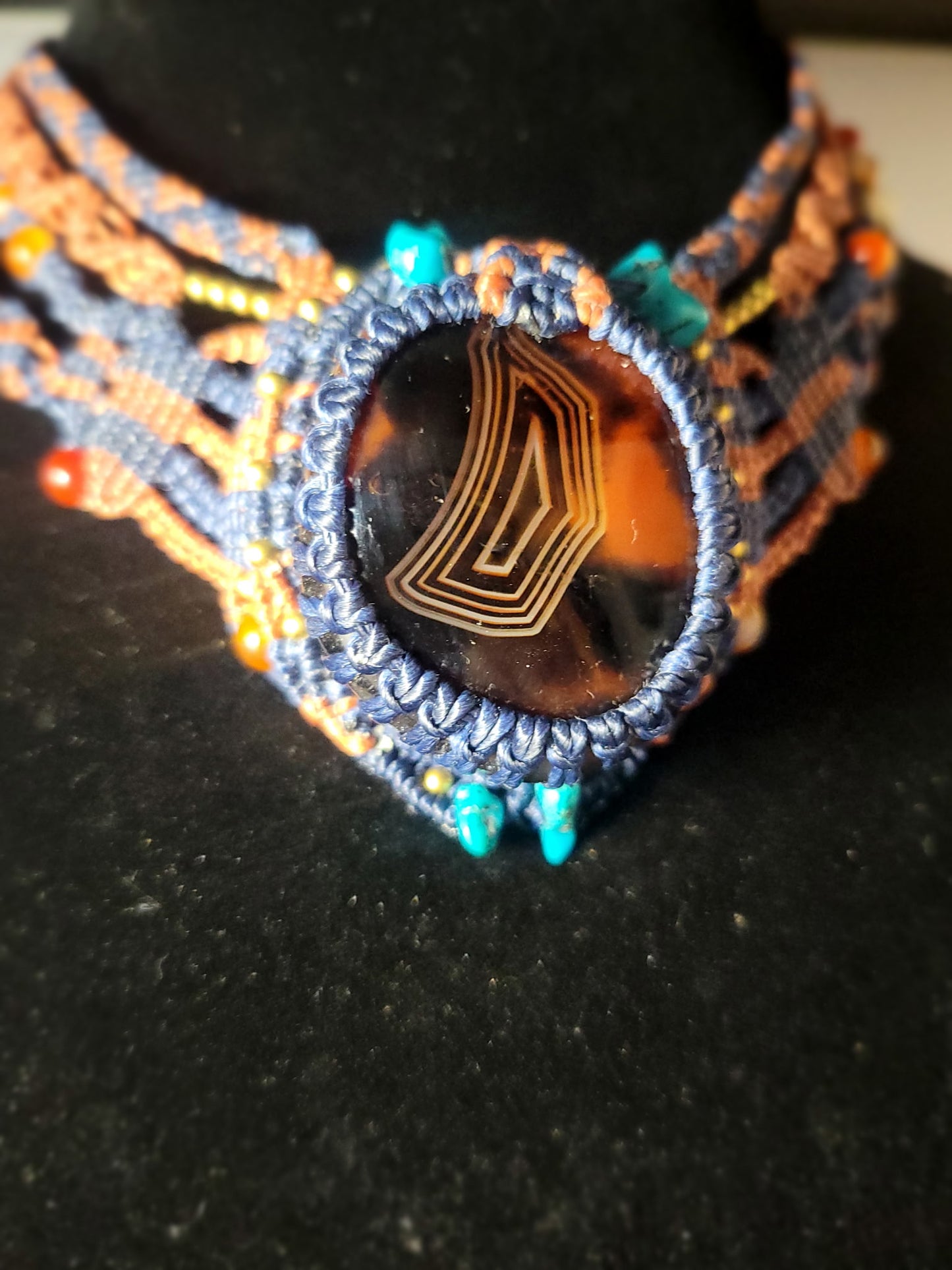Multistranded Choker Necklace – Carnelian, Turquoise & Brass with Black Agate Radiant Pendant