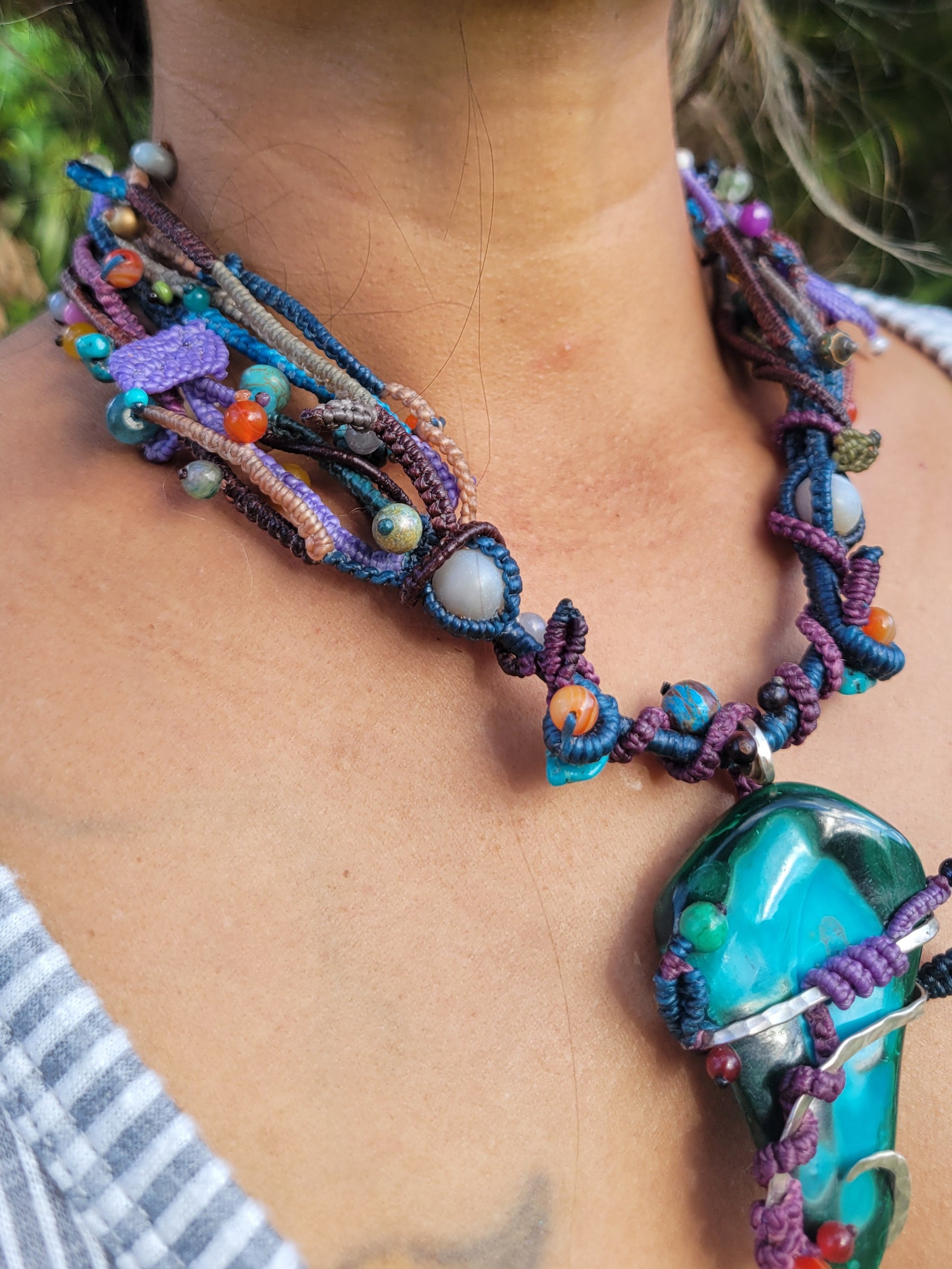 Multistrand Raw Malachite Pendant with assorted gemstone beads