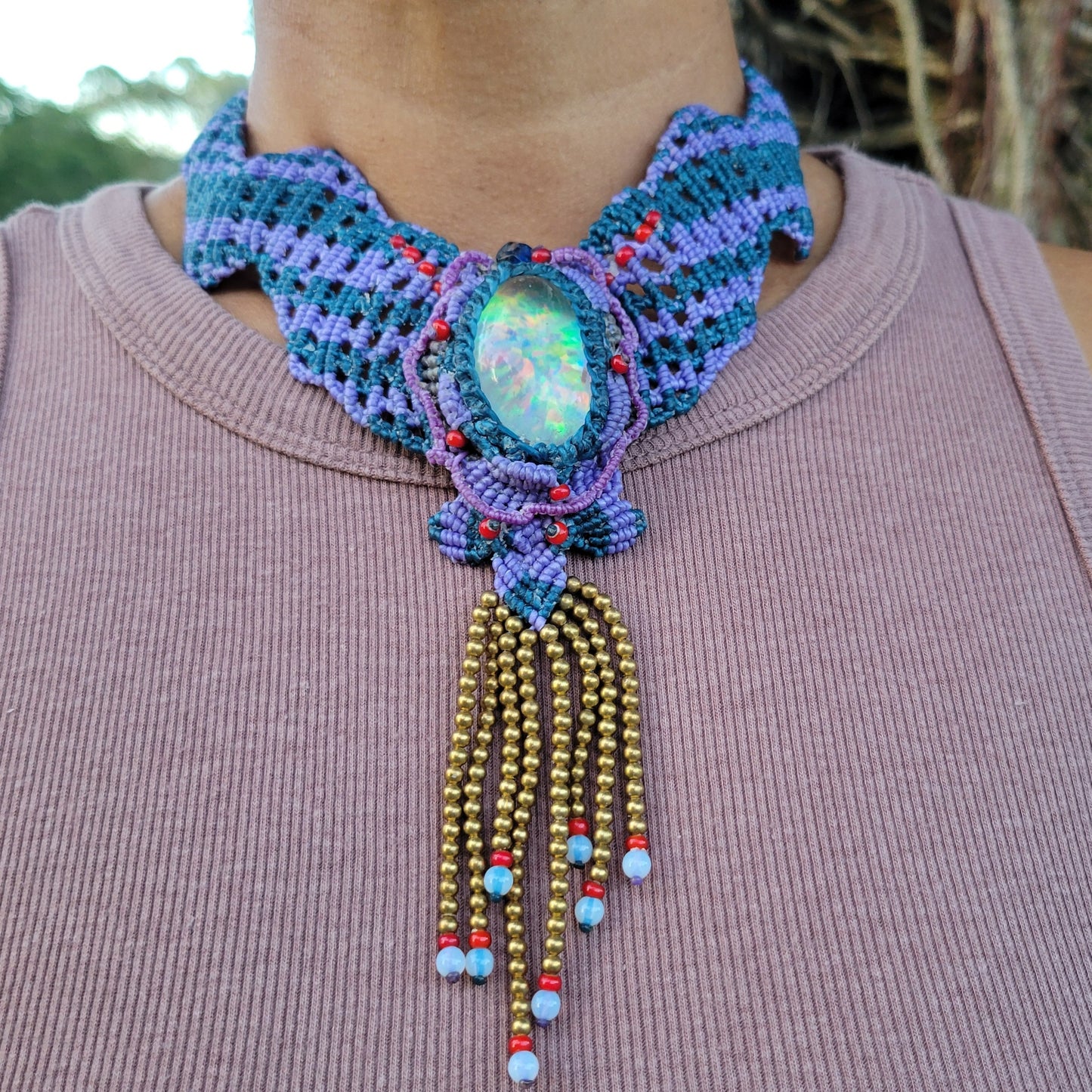 Opal Choker – Blue & Purple Handmade Boho Necklace featuring large opal stone and intricate macramé design.