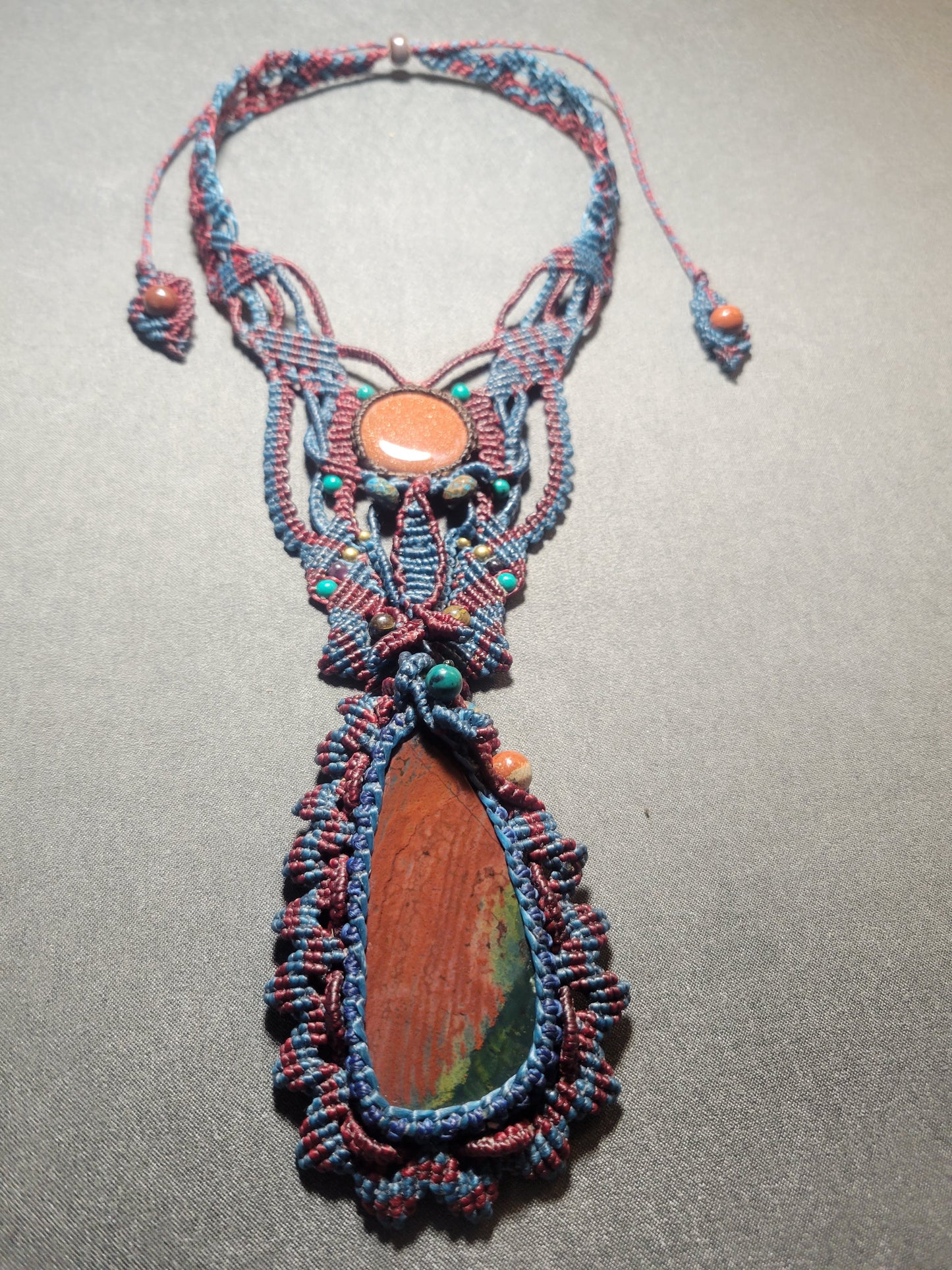 Bloodstone and sandstone macramé adjustable choker