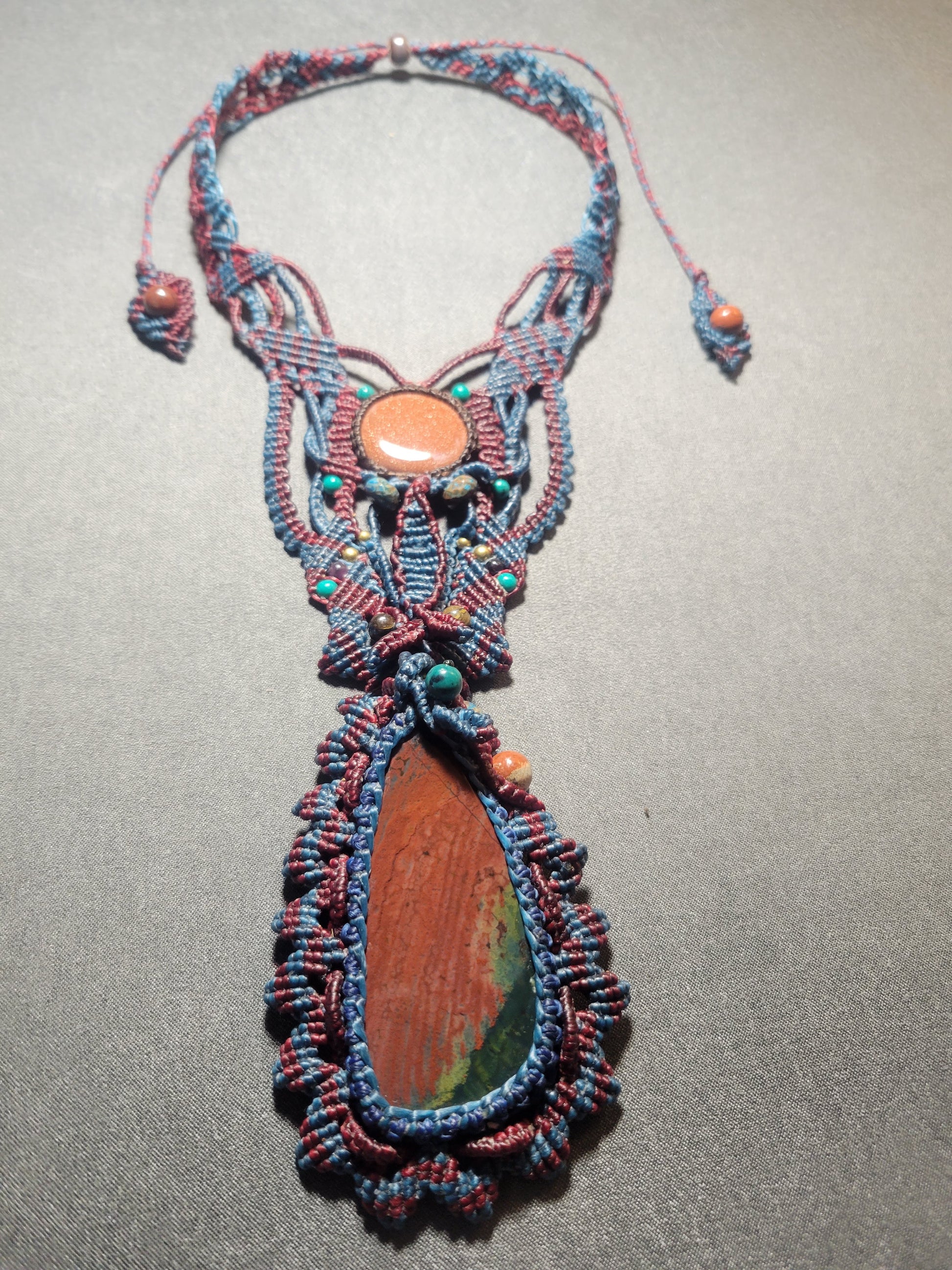 Bloodstone and sandstone macramé adjustable choker