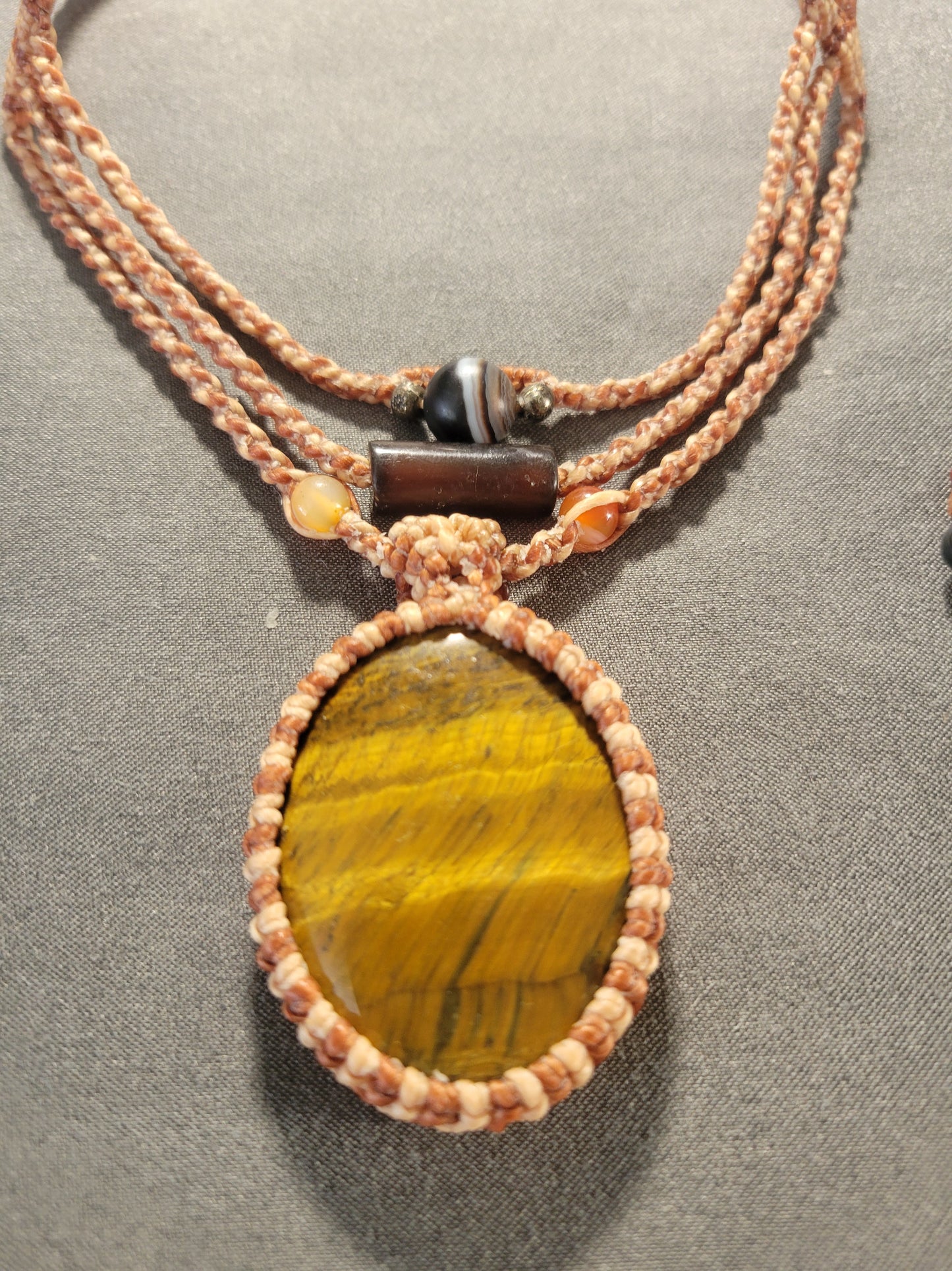 Handmade Tiger’s Eye Pendant Necklace with boho macrame cord