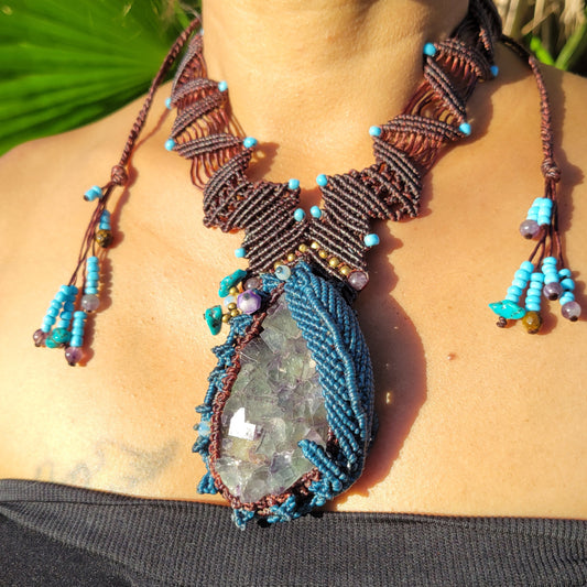 Raw Fluorite Geode slice pendant necklace