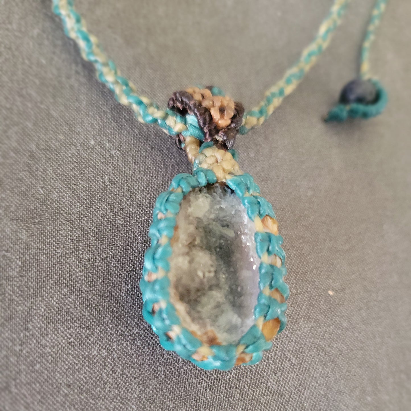 Agate Necklace – 'Shining with Grace' natural agate geode pendant with aquamarine accents.