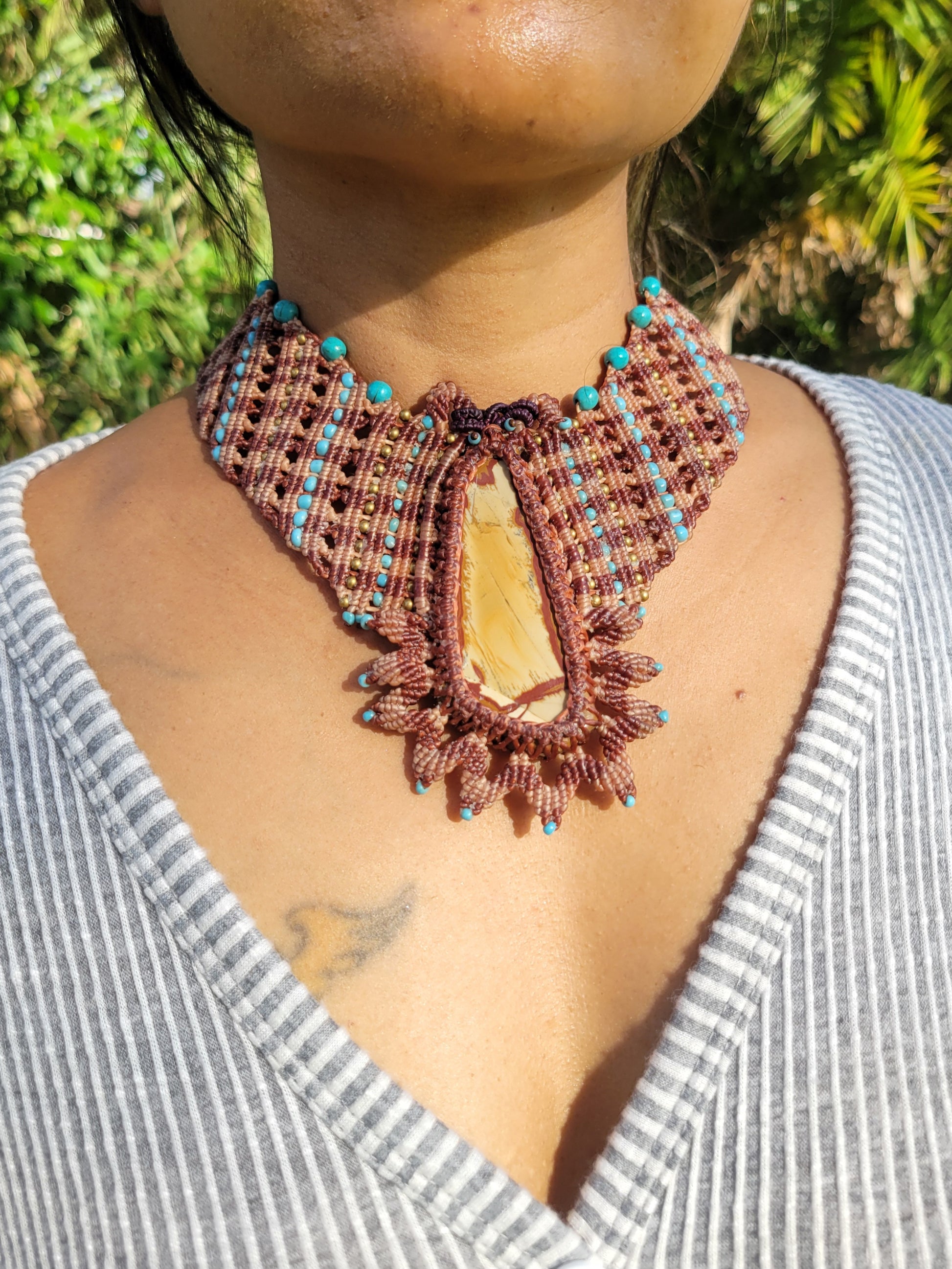 Tribal Fossilized Wood Pendant macrame necklace earthy jewelry
