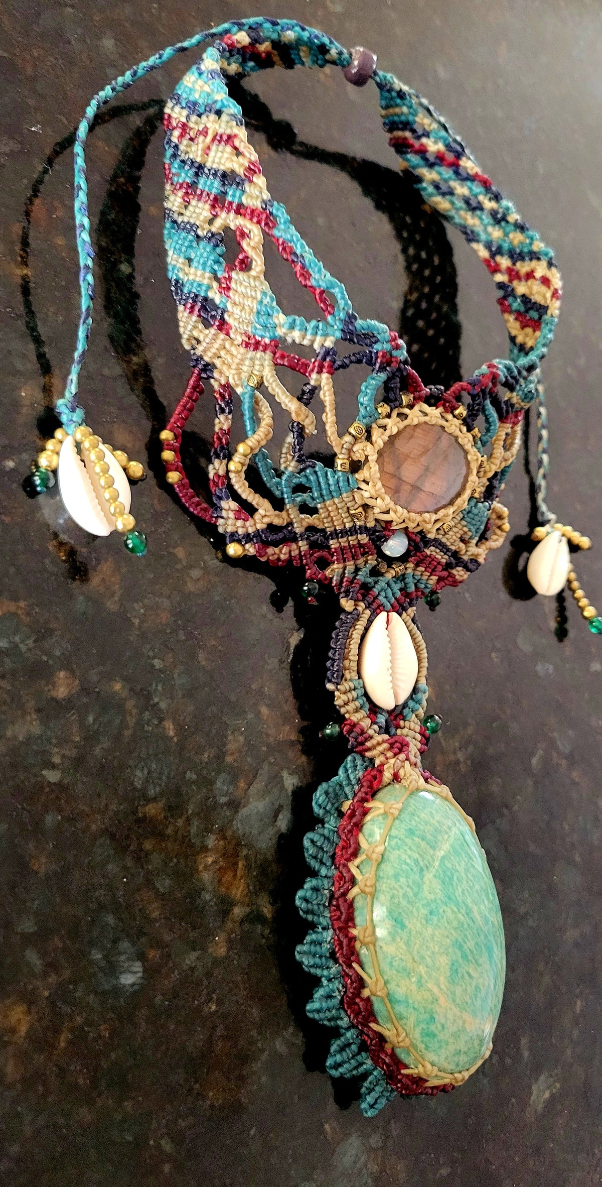 Amazonite Pendant Necklace featuring a large natural Amazonite gemstone and intricate micromacramé design.