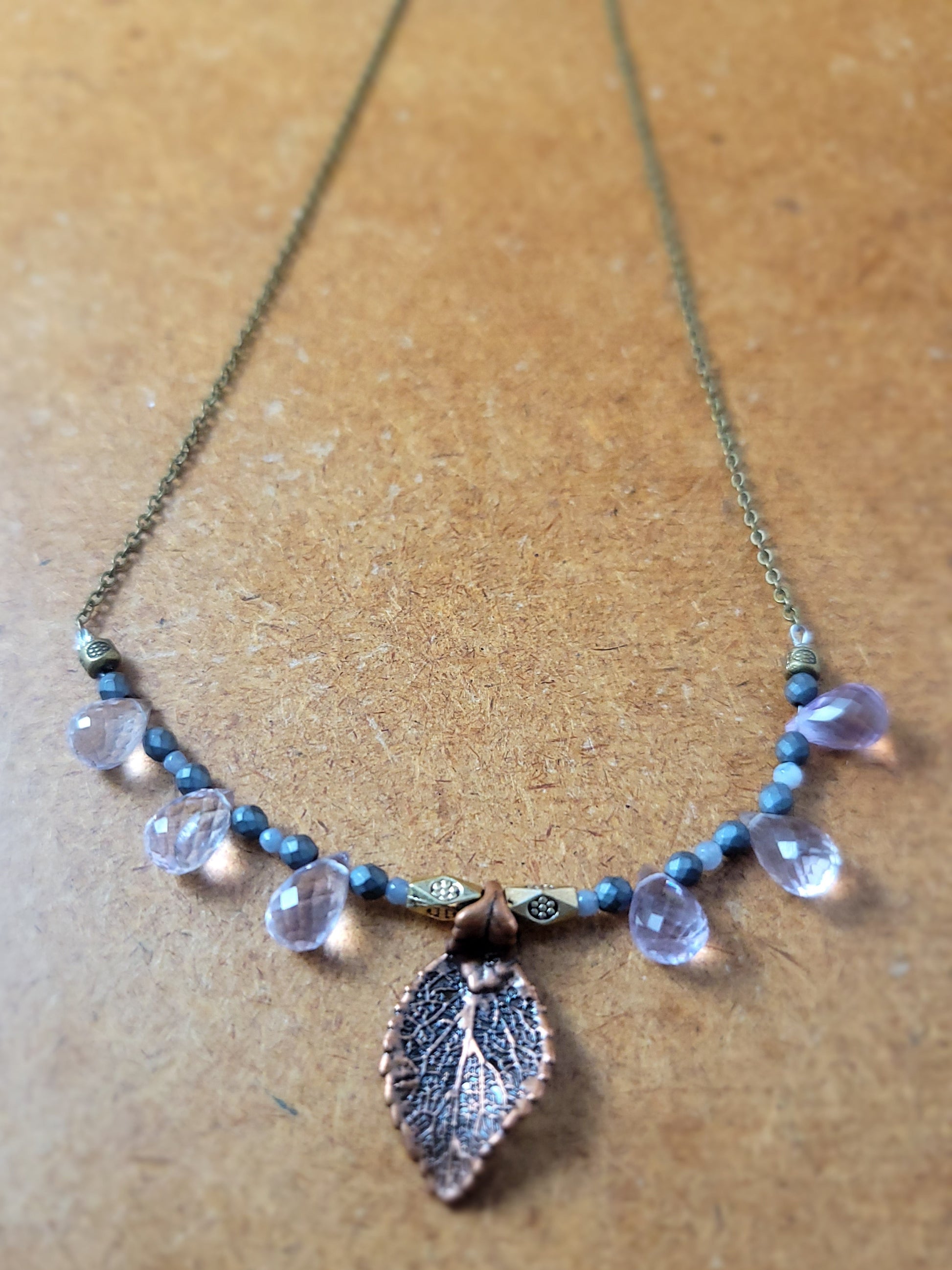 copper leave pendant necklace with rose quartz beads
