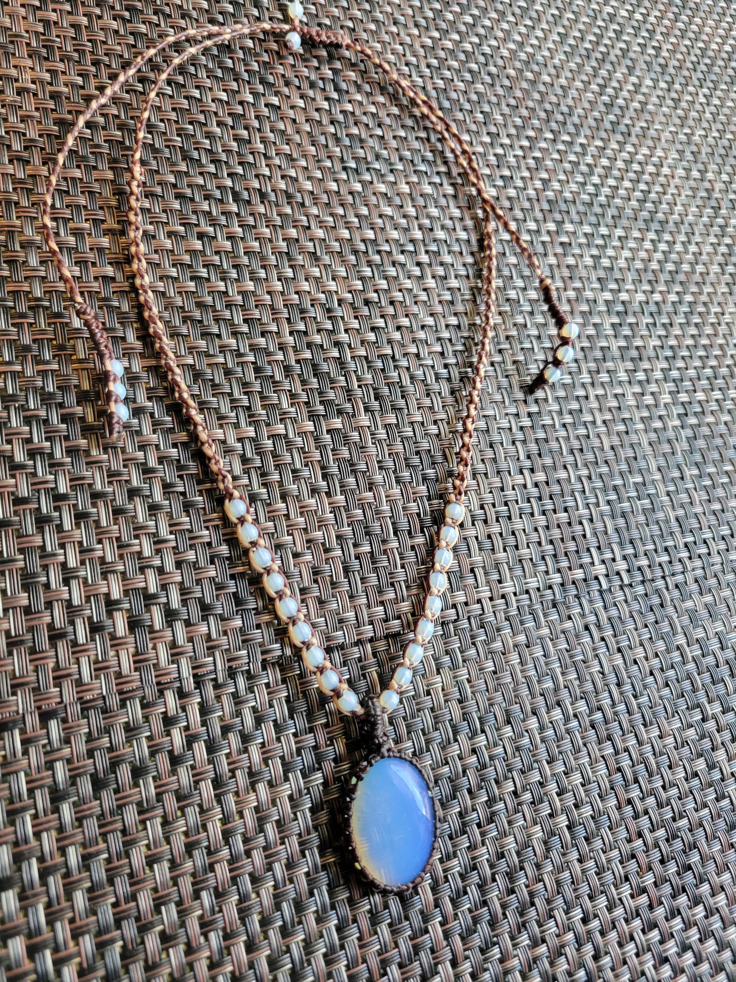 Opalite Pendant Necklace – Moon Haze Necklace with smooth opalite stone and woven macramé design.