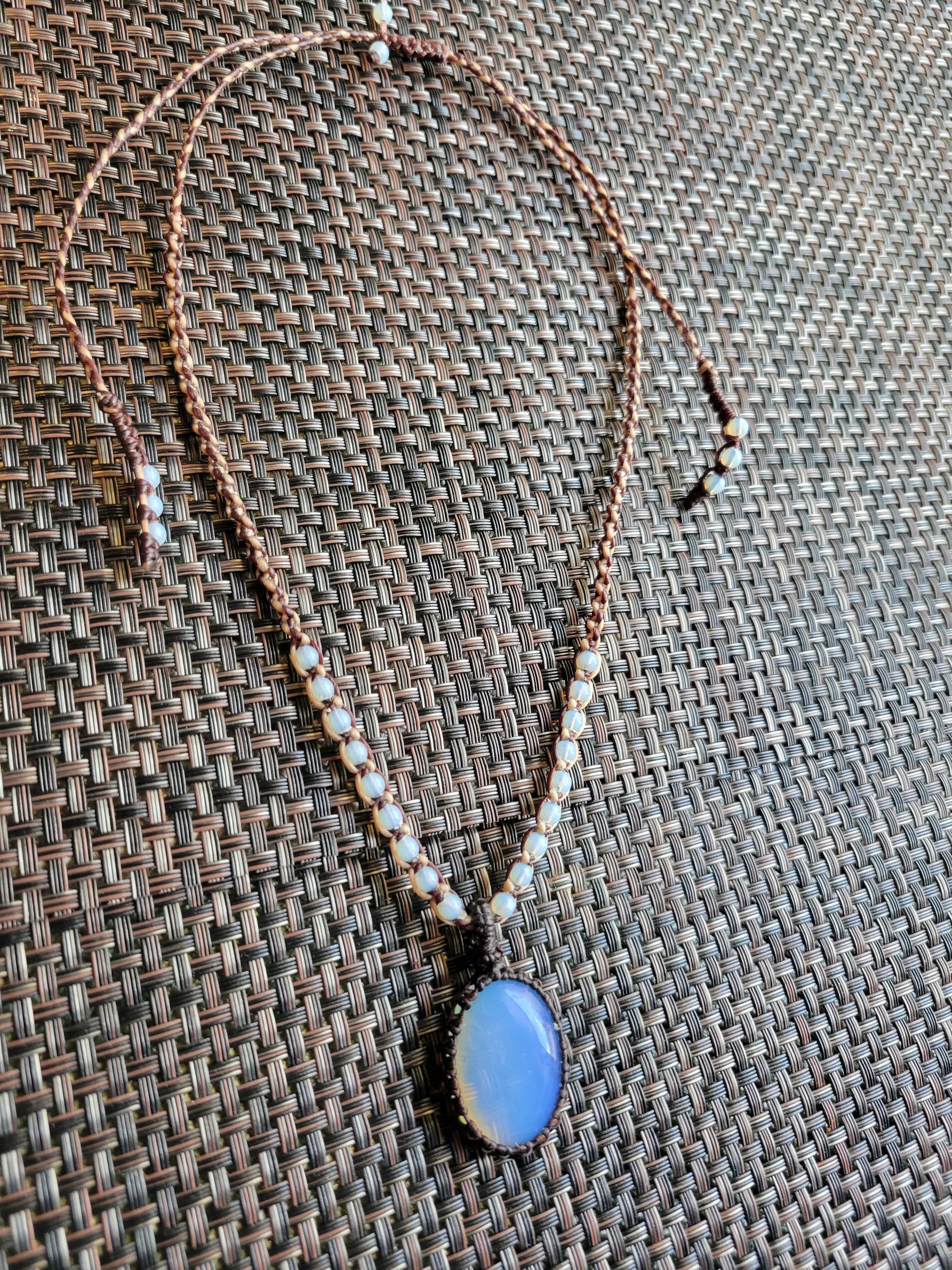 Opalite Pendant Necklace – Moon Haze Necklace with smooth opalite stone and woven macramé design.