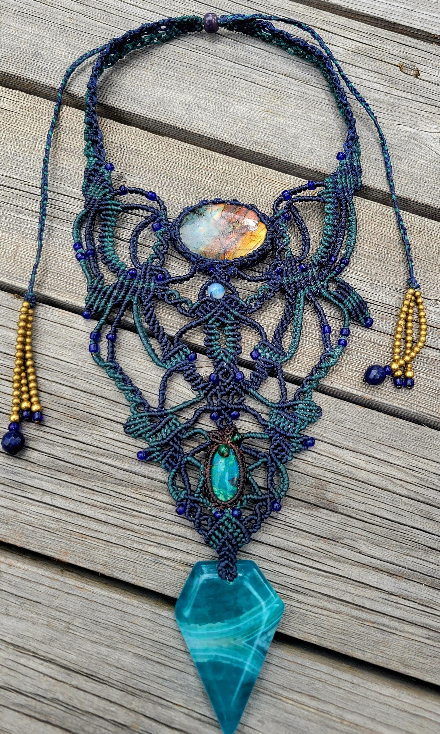 Labradorite & Blue Agate Pendant featuring natural stones and micromacramé design, resembling an ethereal fairy appearance.
