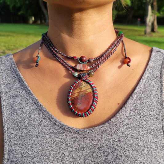 Handmade Cherry Creek Jasper Pendant Necklace with macrame cord