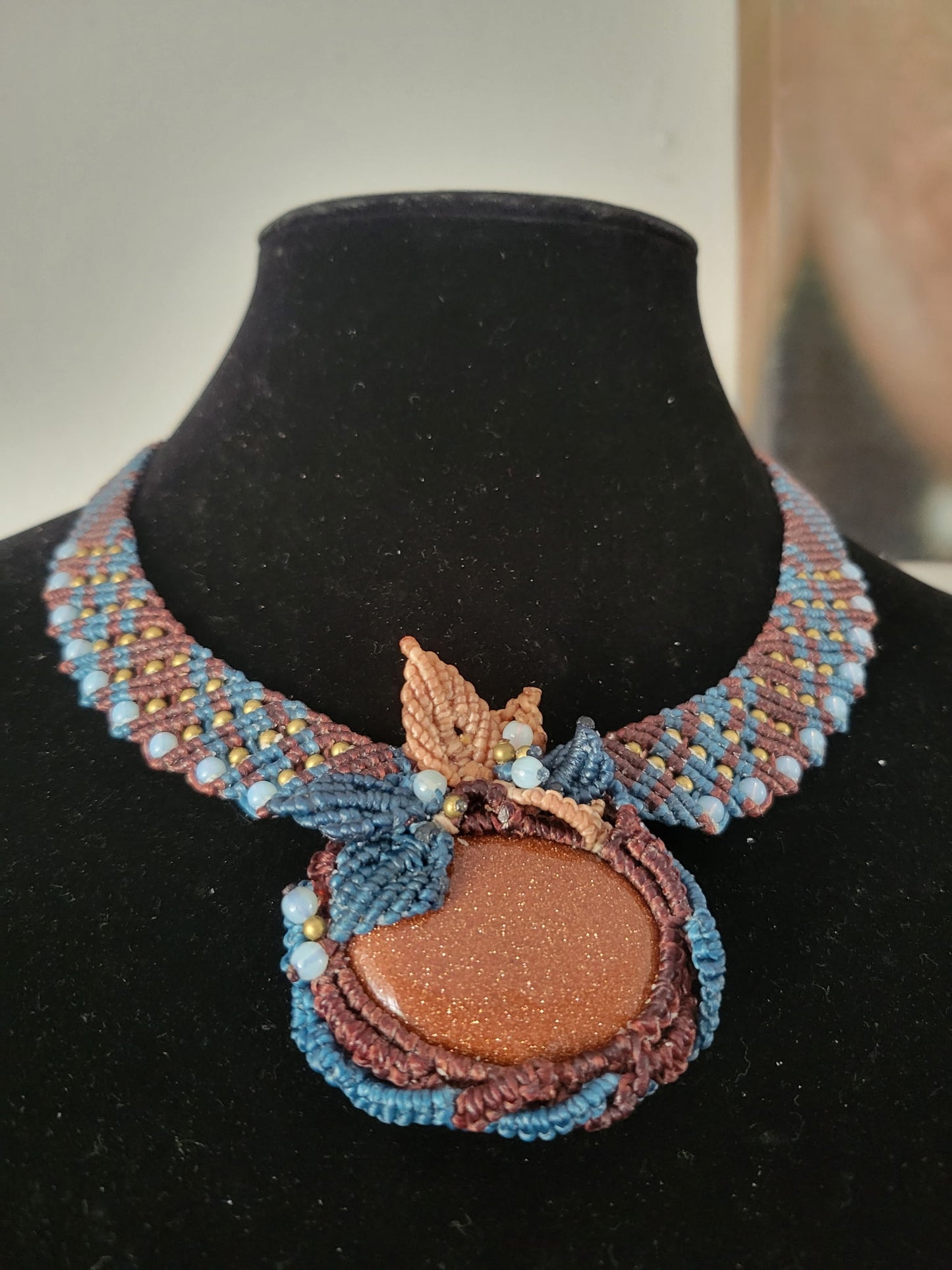 Golden Sandstone Macramé Choker – Boho Statement Necklace with Antique Brass & Blue Accents