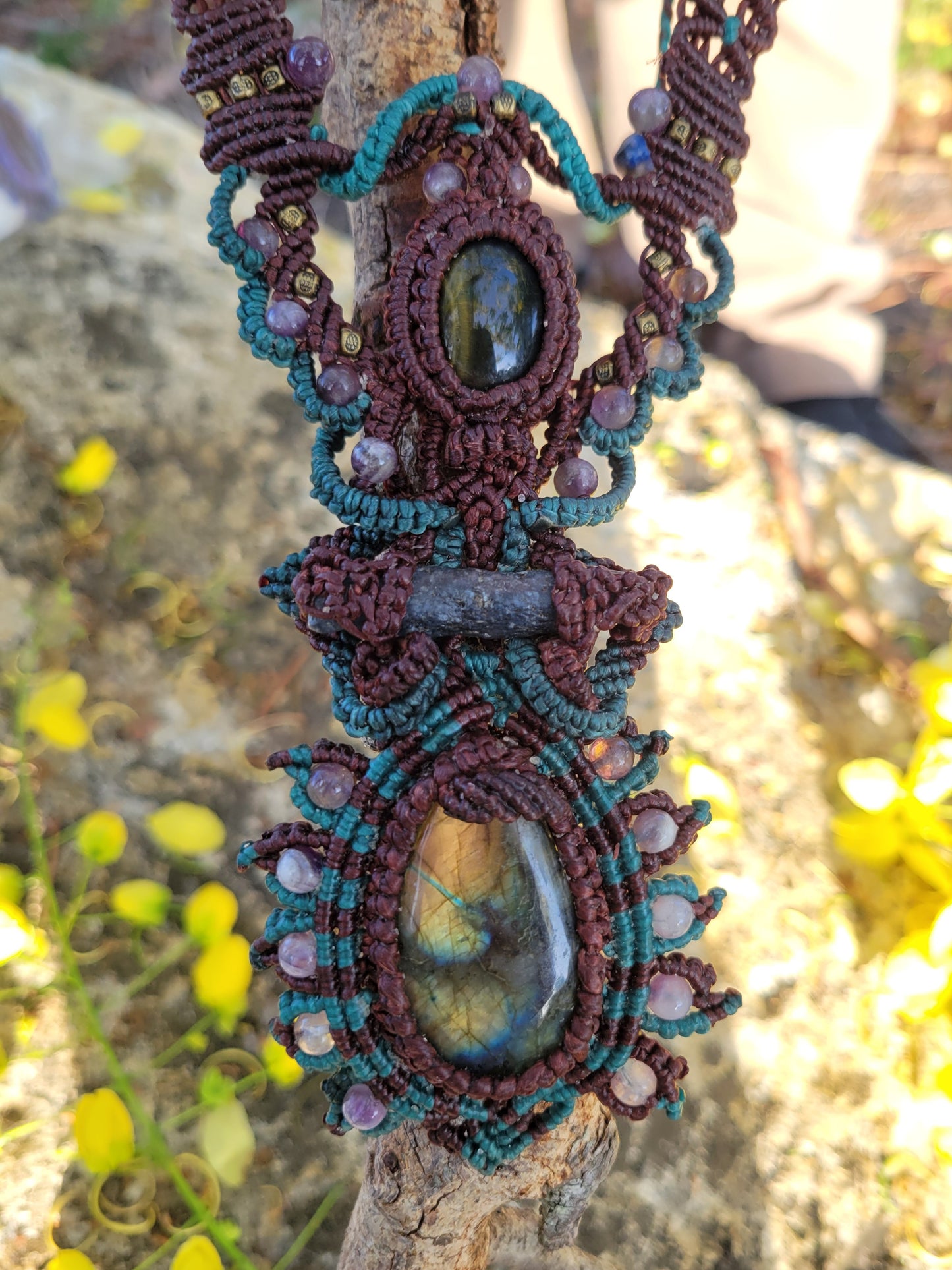 Labradorite Mandala Pendant Necklace – Macramé with Amethyst, Tourmaline & Tiger’s Eye