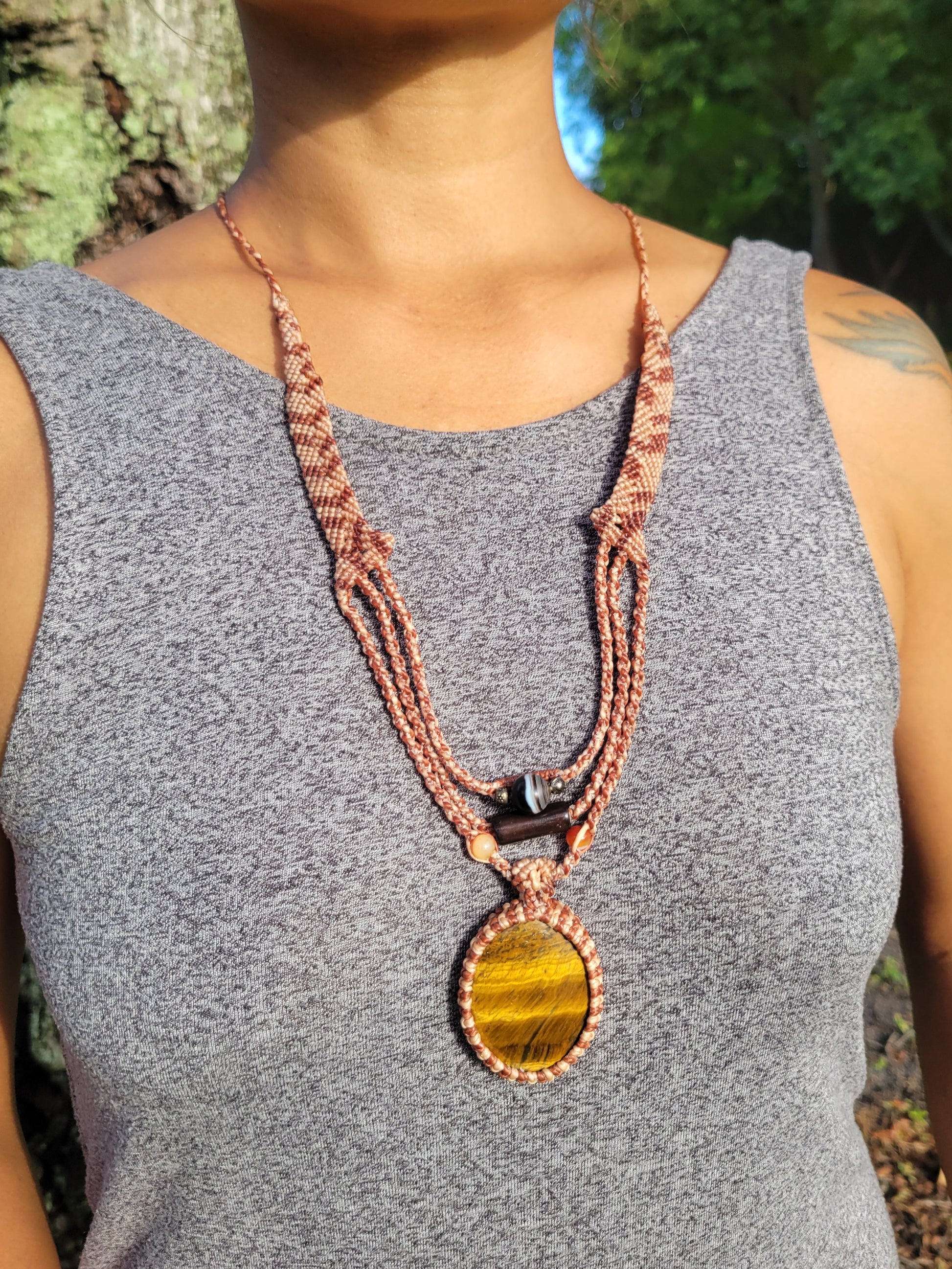 Tigers eye pendant with agate beads boho festival necklace
