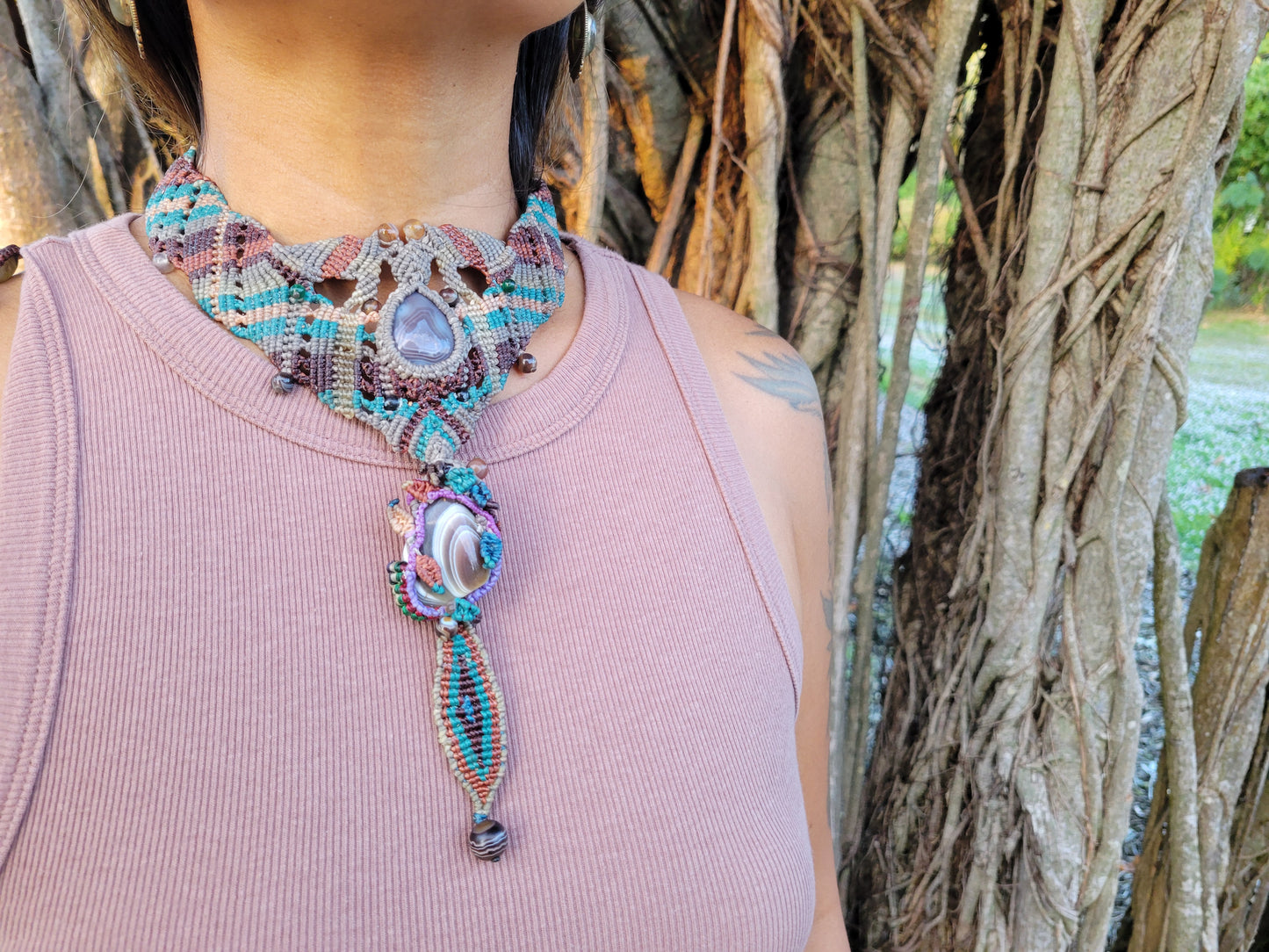 Botswana Agate earthy double-pendant boho tribal choker with macramé design and multicolor accents.