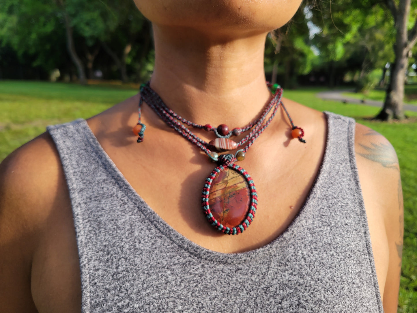 Three-tier Cherry Creek Jasper Pendant Necklace boho jewelry