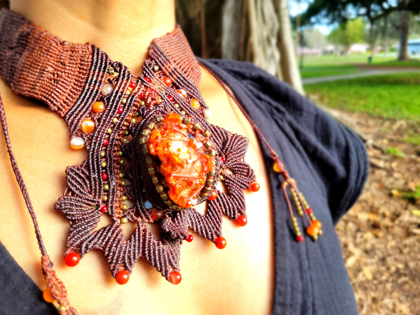Vanadinite Macramé Choker Necklace – Handcrafted Red Crystal with Brass & Agate Accents