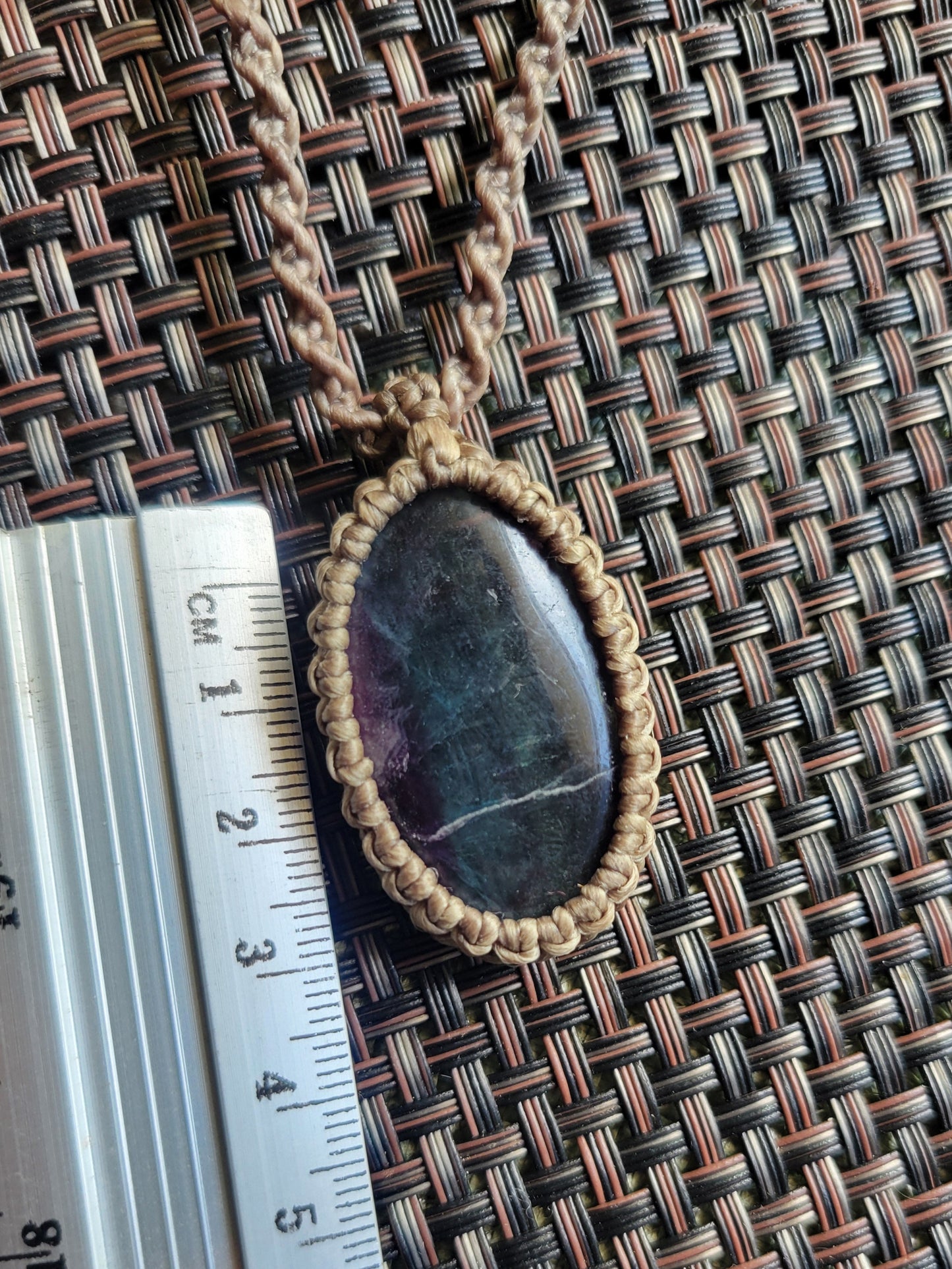 “Forest Prism” – Oval Fluorite Pendant Necklace, Olive Wrap with Dark Brown Spiral Braided Cord, Adjustable