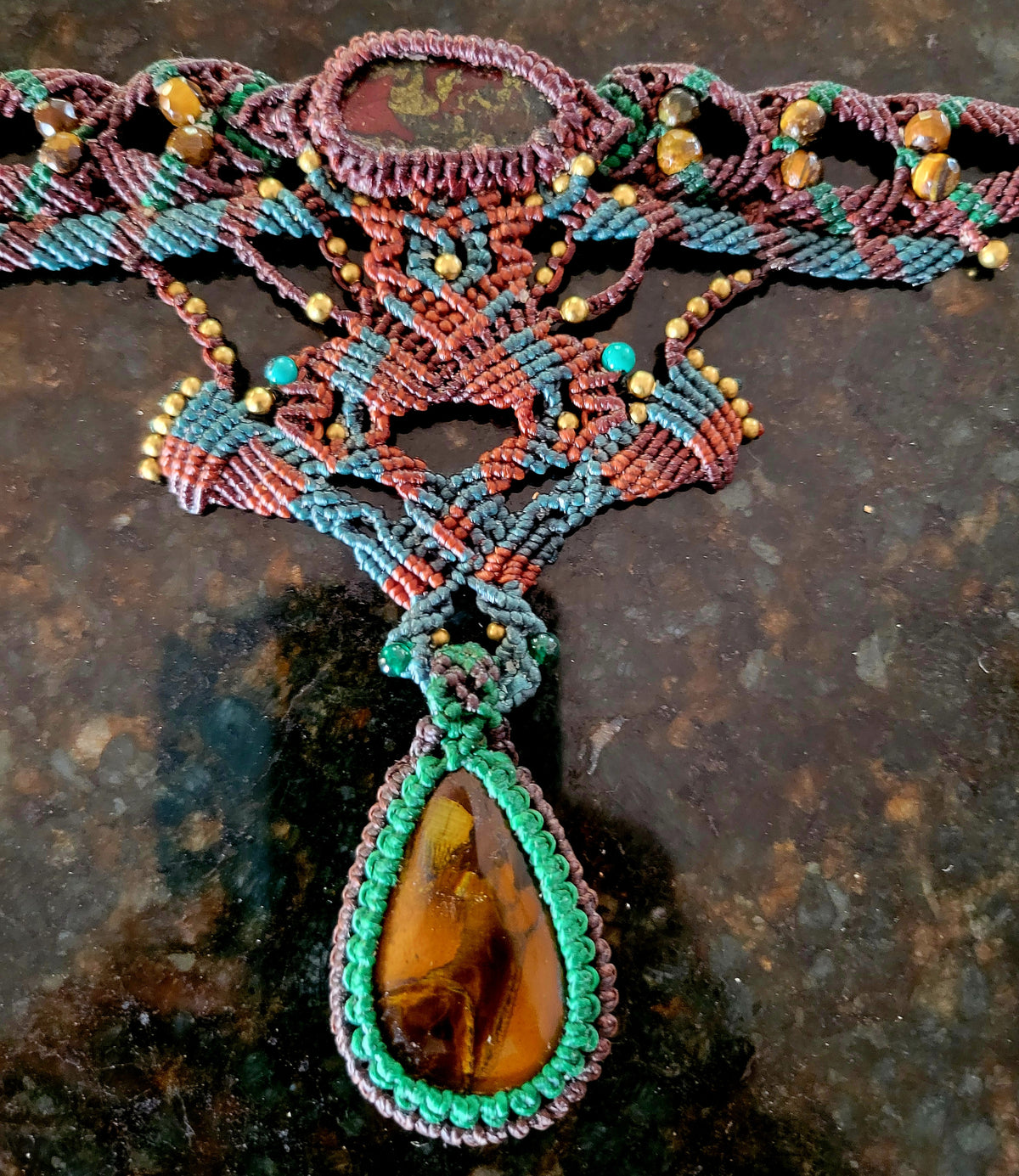 Iron Tiger's Eye Pendant – Twilight Garden Choker featuring intricate micromacramé and natural stones.