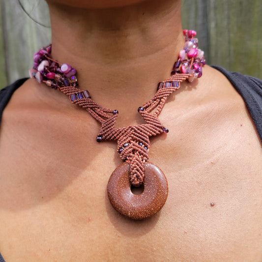 Goldstone Ring Macramé Necklace – Boho Tribal Design