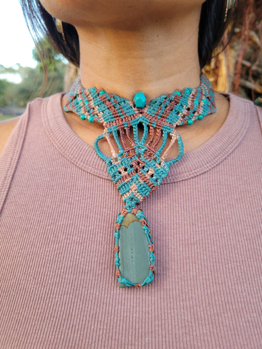 Jasper Stone Jewelry featuring a Picture Jasper Ocean Boho Luxe Choker with macramé design and turquoise accents.