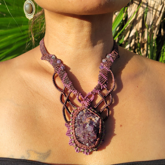 Amethyst Crystal Jewelry handmade boho necklace with geode slice