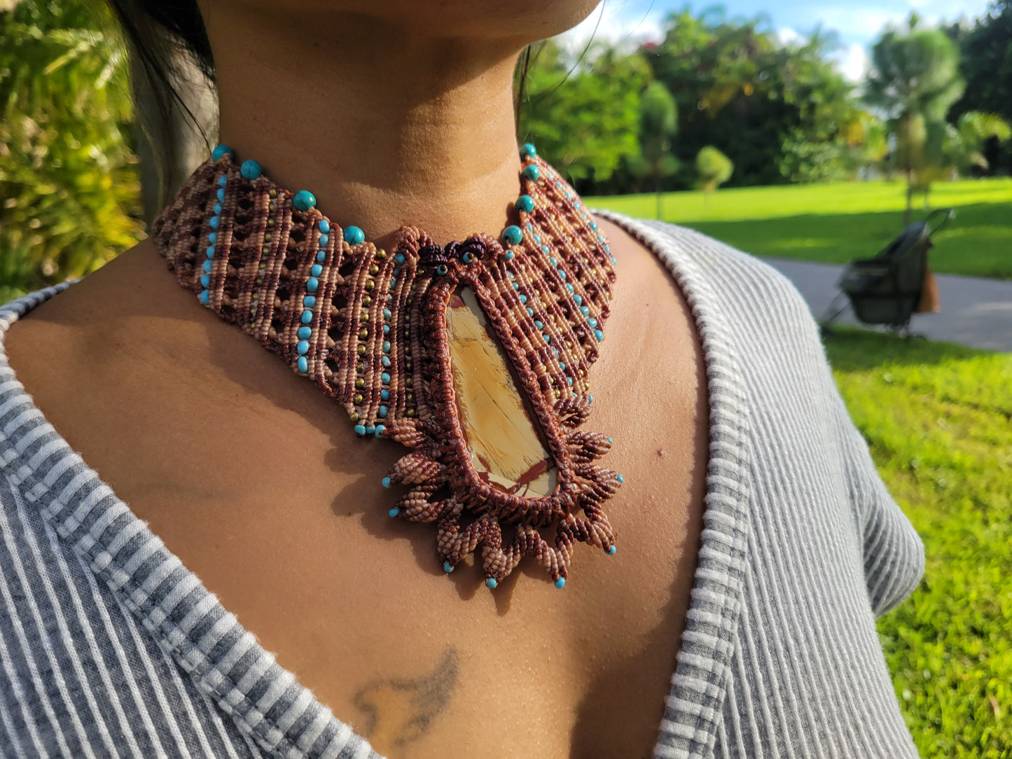 Wide band Fossilized Wood Pendant with blue and black stone beads
