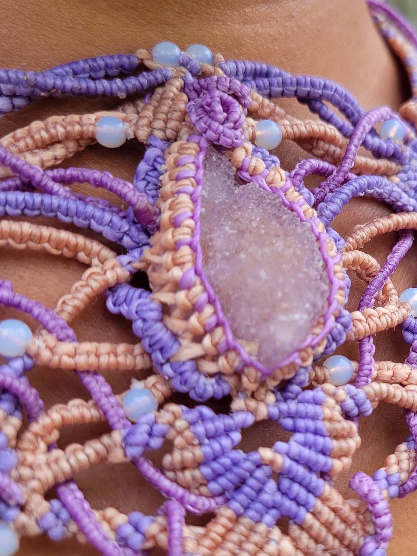 Psychedelic Double Druzy Quartz Choker Macramé Necklace Purple & Beige