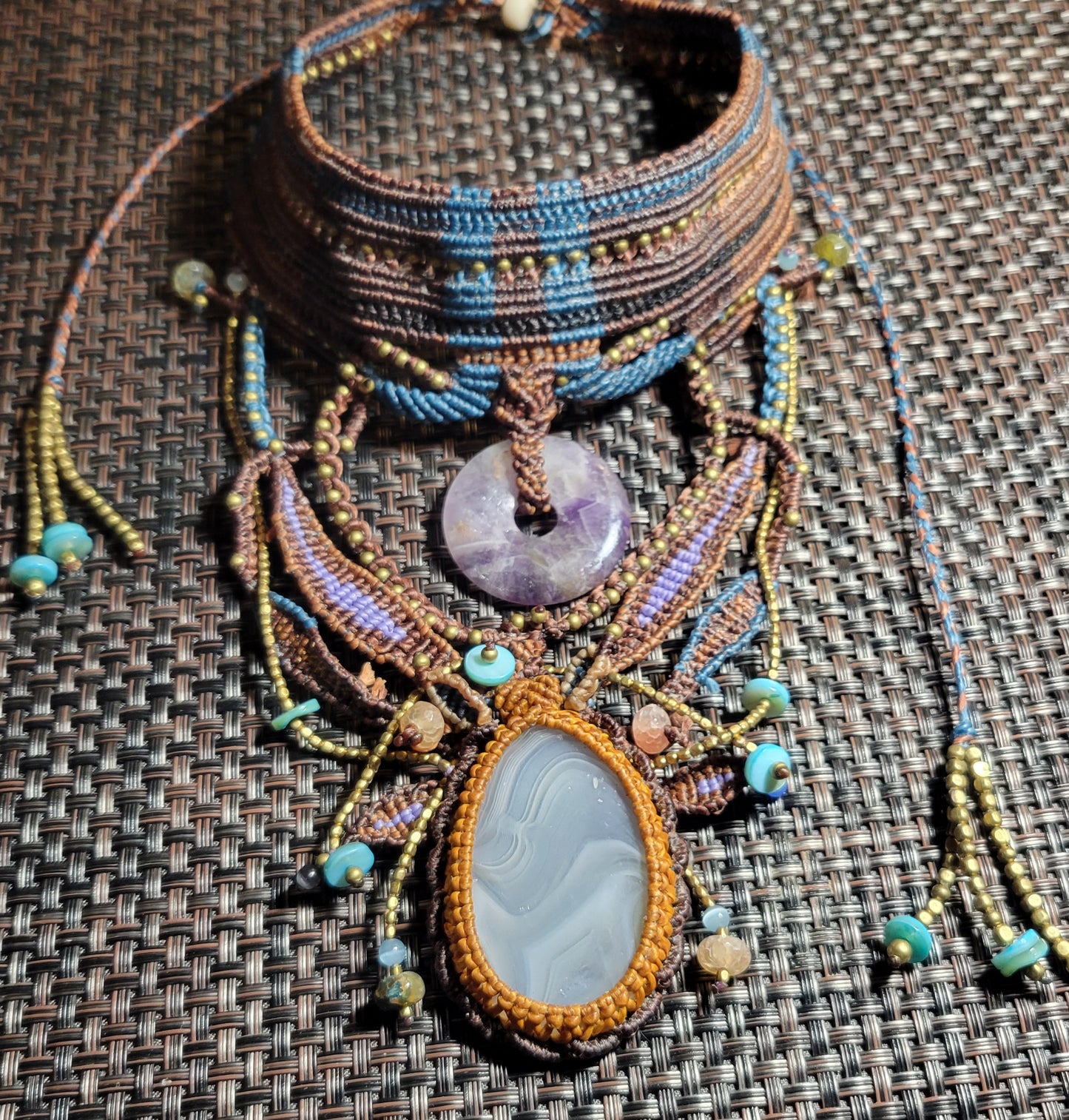 Tribal Jewelry – Handmade ornate woven boho chestplate choker with agate and amethyst accents