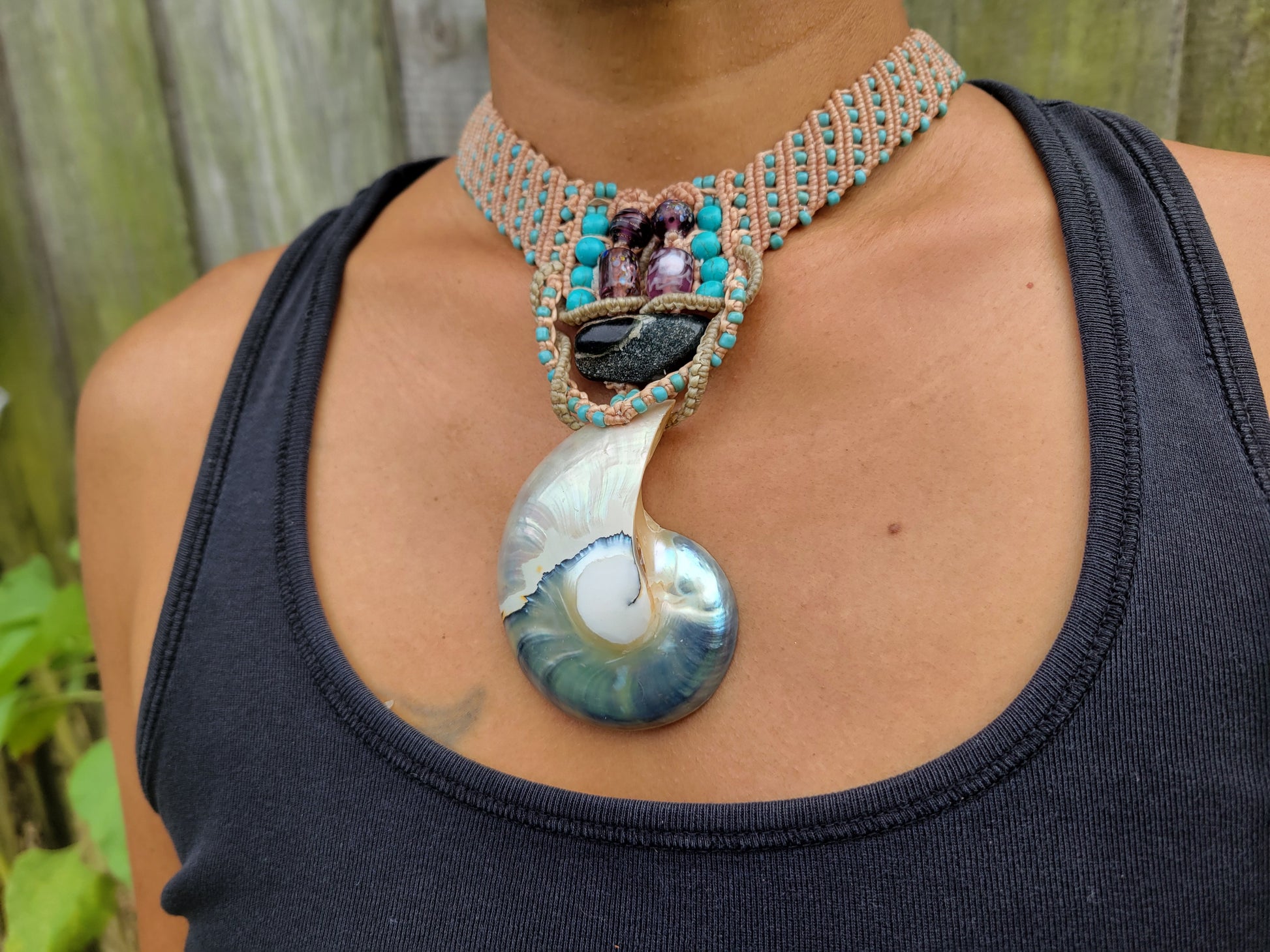 Model with Handmade Nautilus Shell Macrame Choker Necklace with tan cord