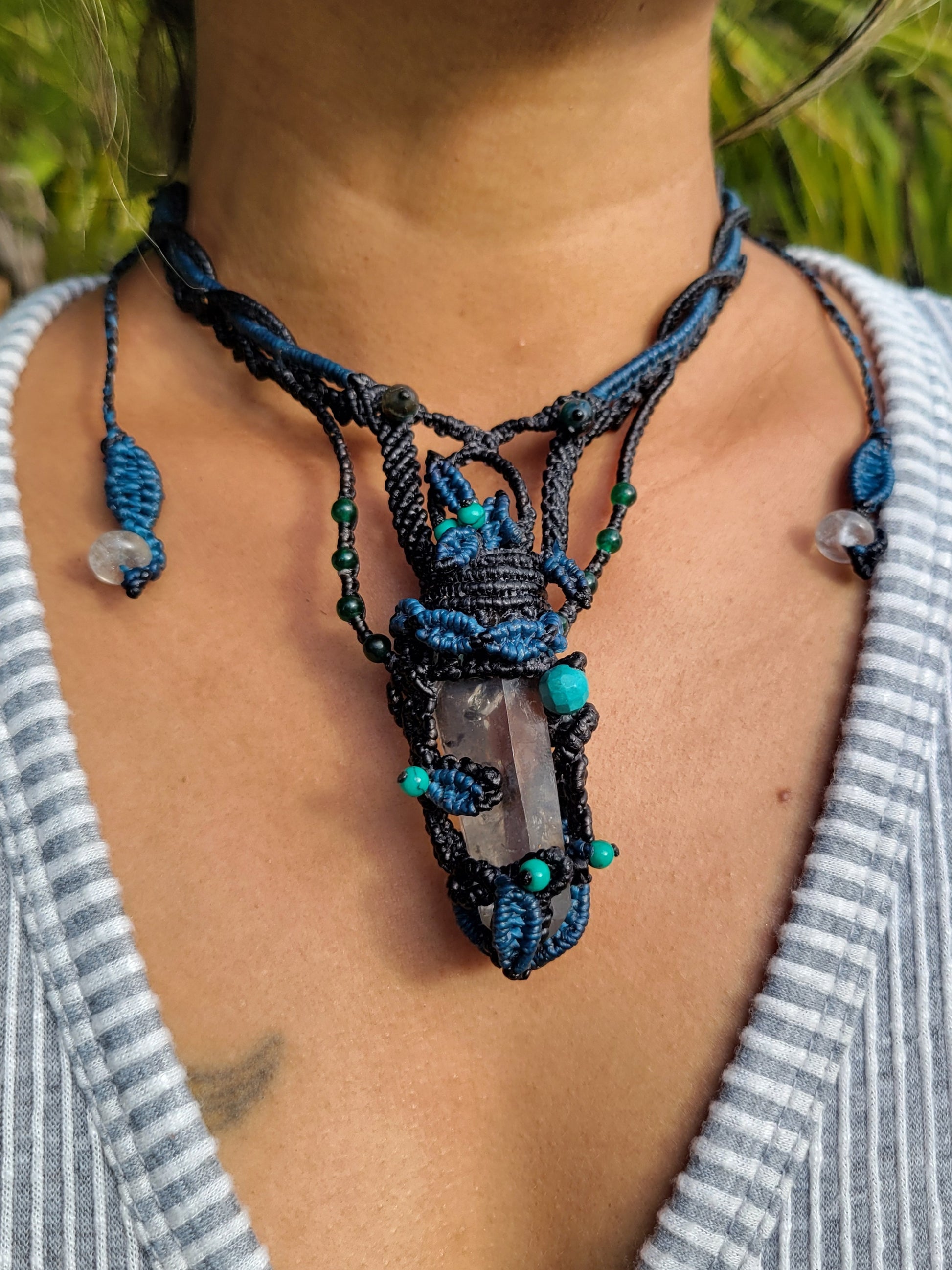 Nature inspired jewelry with turquoise accents and dark cord