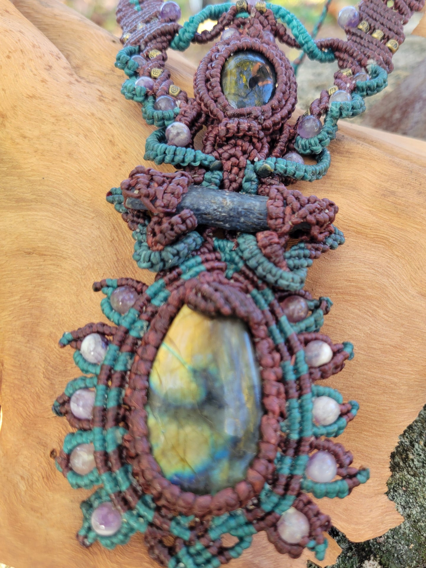 Labradorite Mandala Pendant Necklace – Macramé with Amethyst, Tourmaline & Tiger’s Eye
