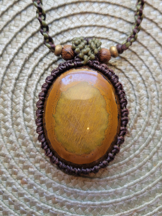 “Earthbound Flame” – Golden Brown Tiger Iron Pendant Necklace, Handpicked by Artist, Adjustable Macramé Wrap