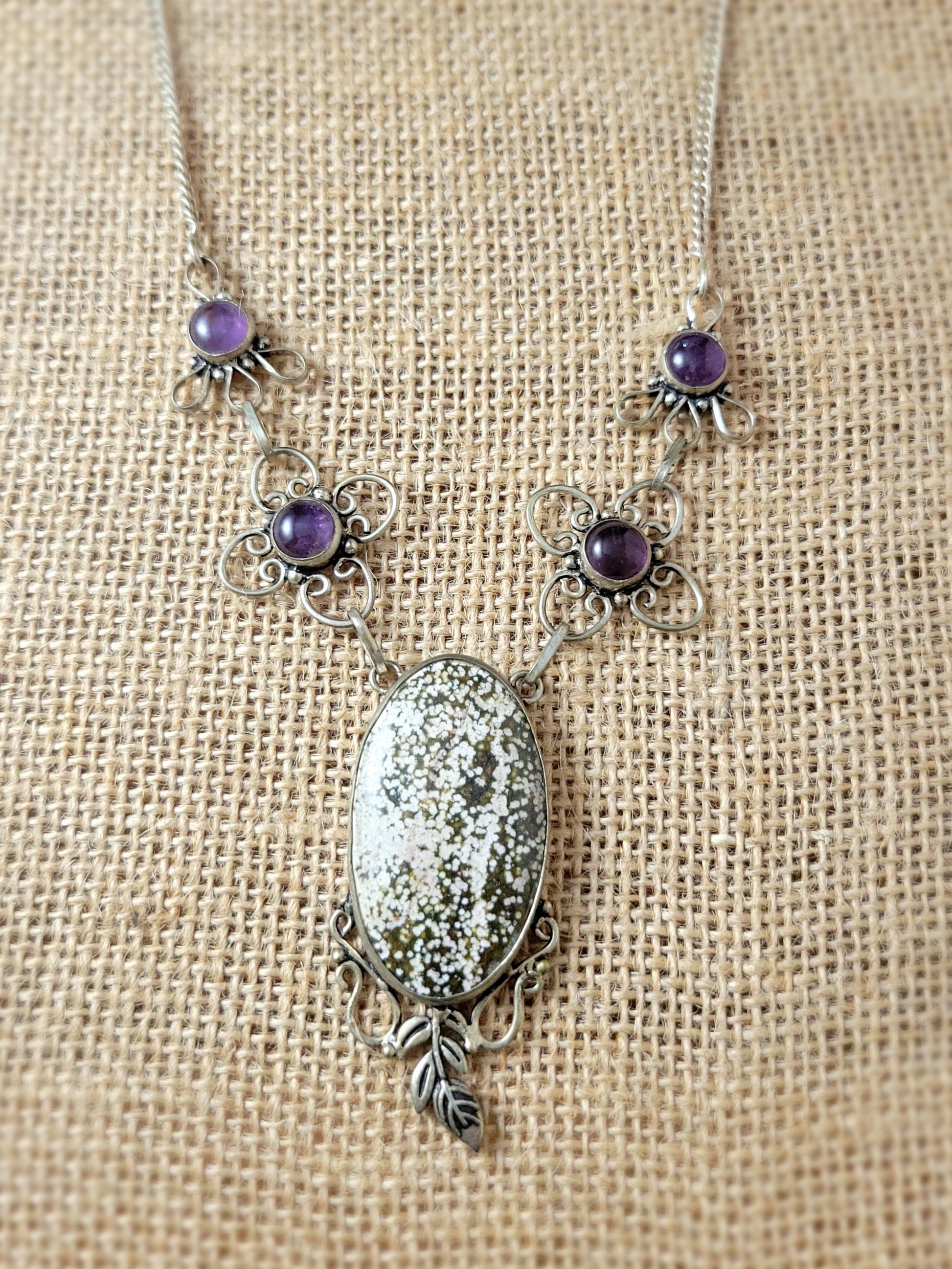 Antique Snowflake Obsidian sterling silver necklace with Amethyst