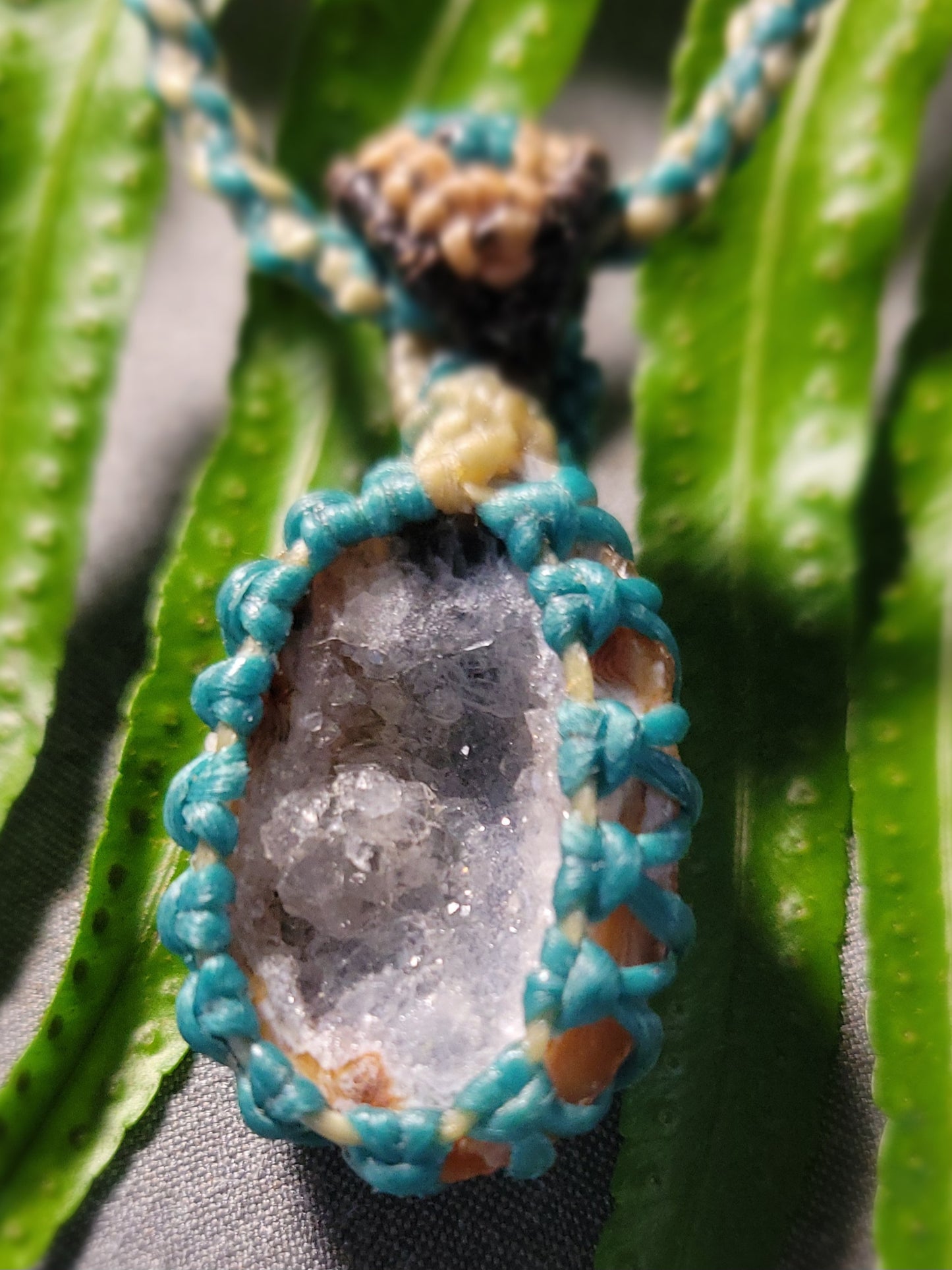 Agate Geode Pendant – Purple Snow Druzy Spiral Boho Necklace with aquamarine and beige cord detail.