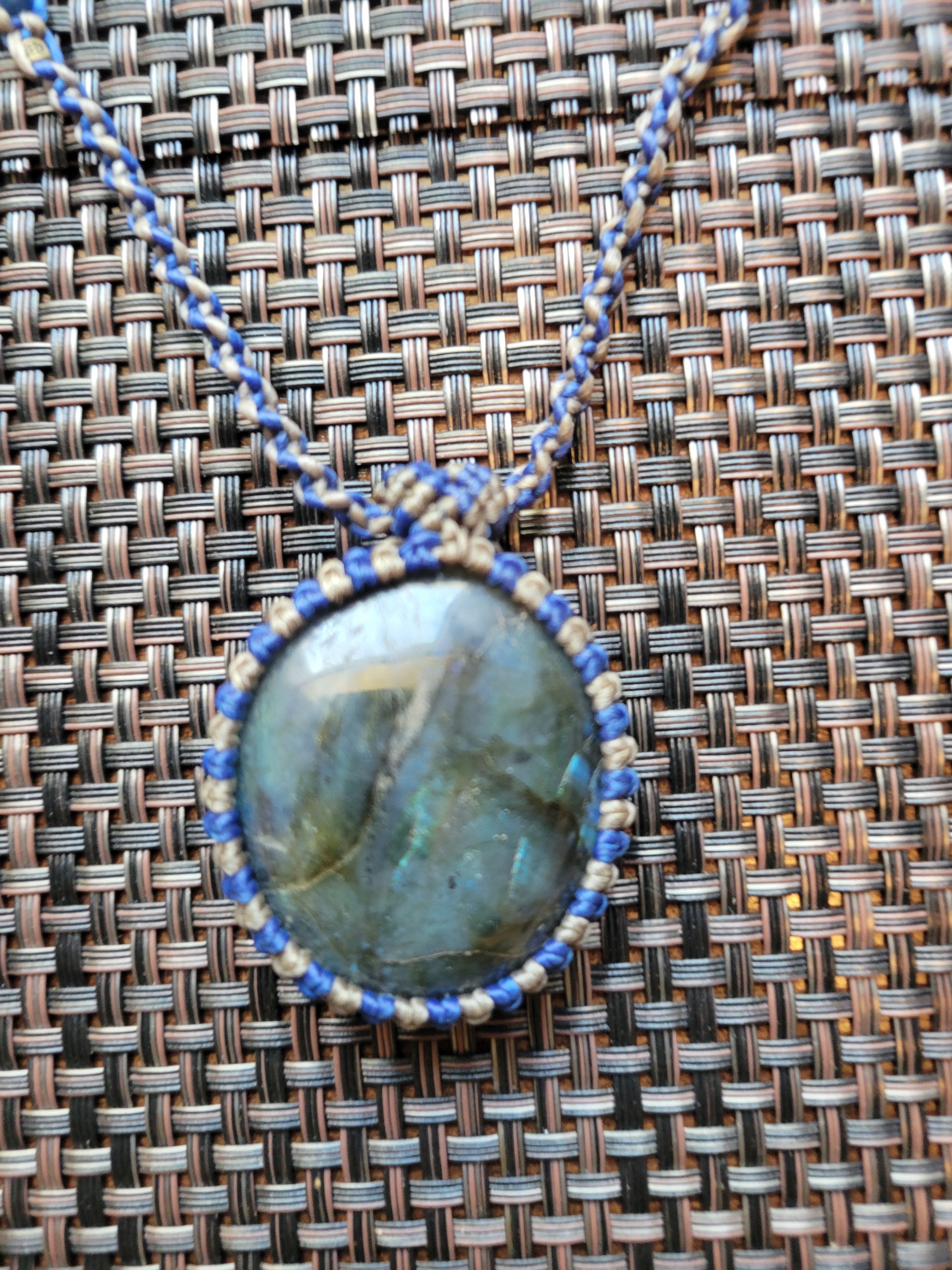 Labradorite Pendant Necklace with spiral braid blue grey cord