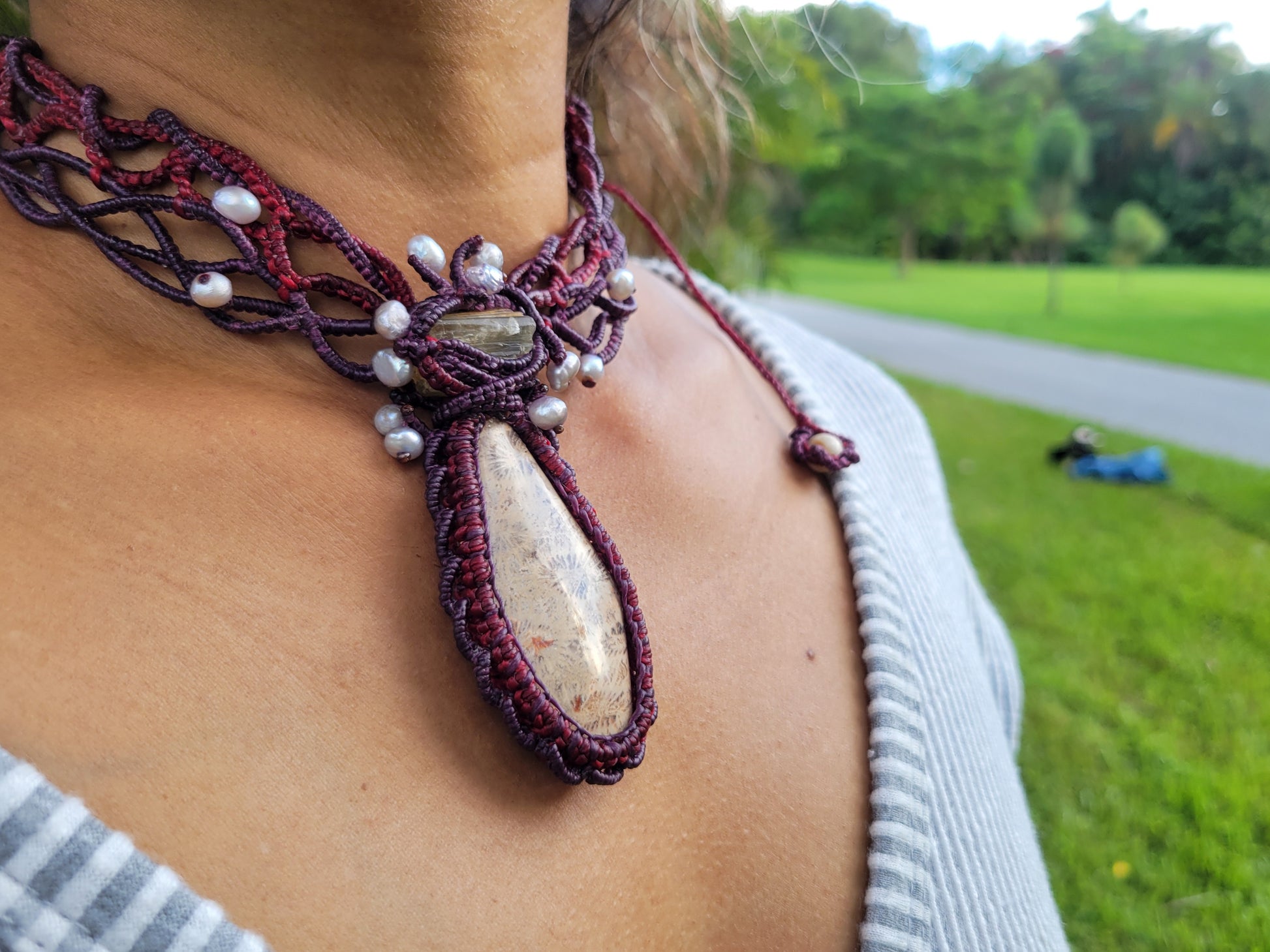 Purple and black braided choker with fossil coral
