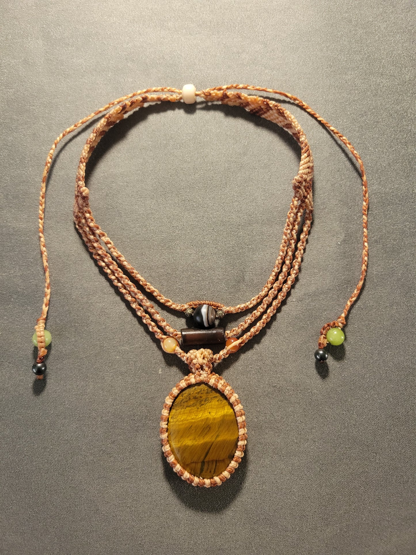 Tiger’s Eye Pendant Necklace adjustable sliding bead closure