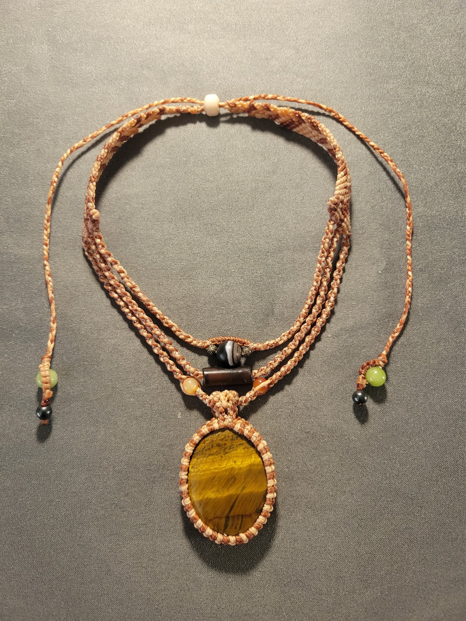 Tiger’s Eye Pendant Necklace adjustable sliding bead closure