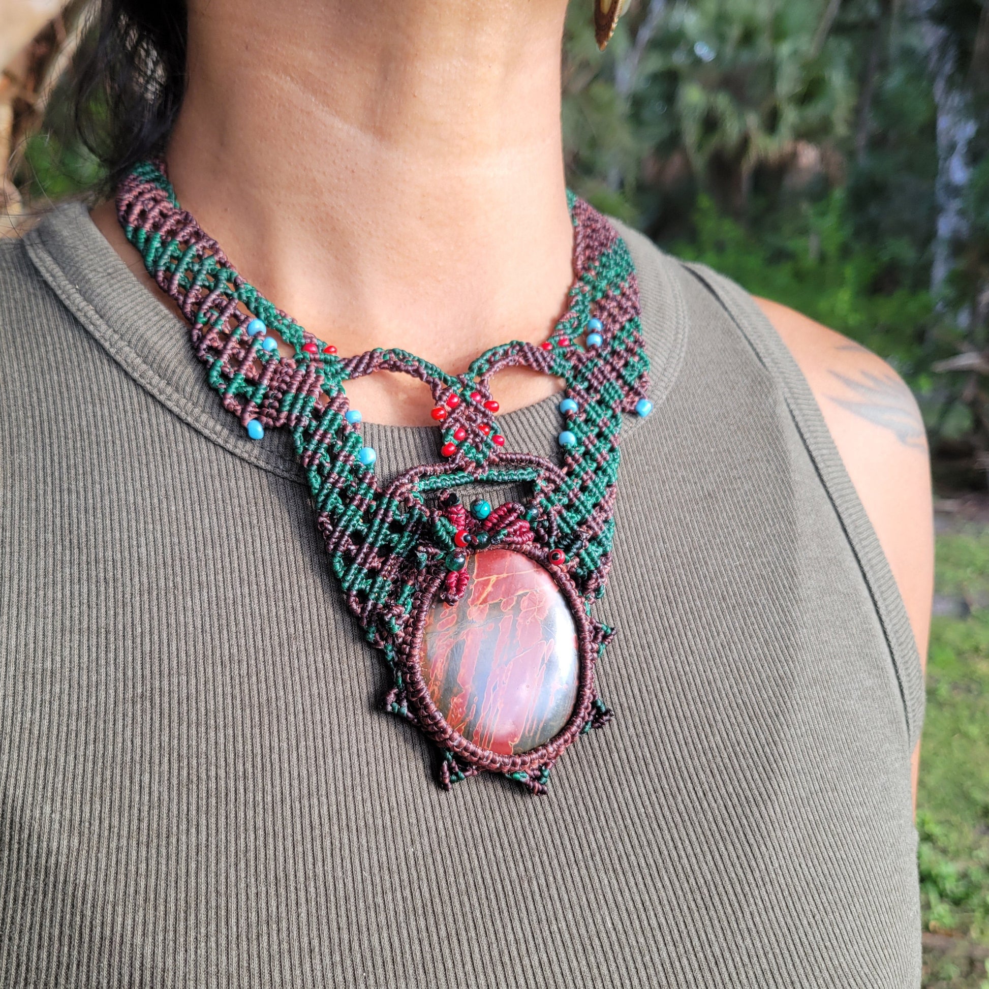 CCherry Creek Jasper pendant wrapped in brown macramé