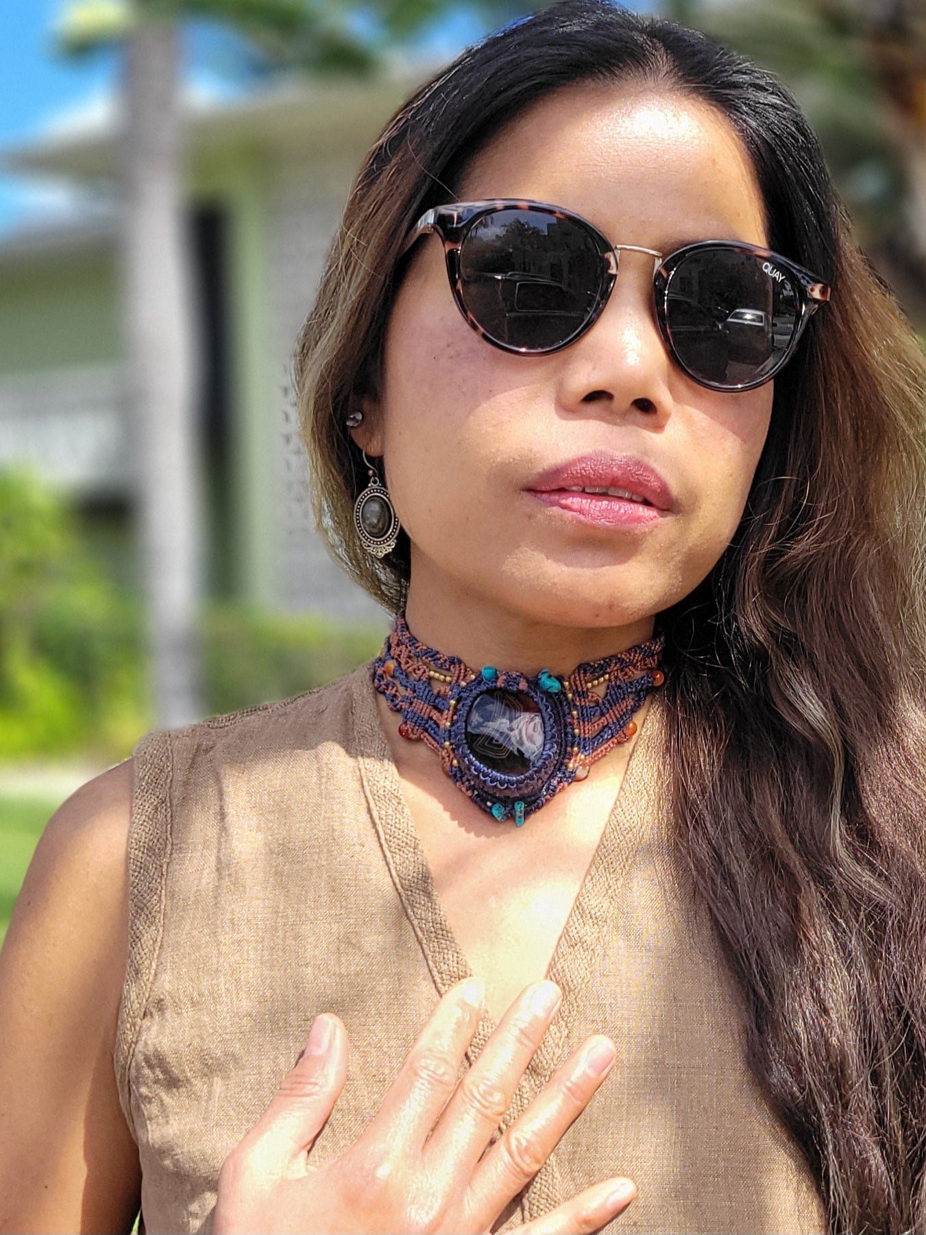 Multistranded Choker Necklace – Carnelian, Turquoise & Brass with Black Agate Radiant Pendant