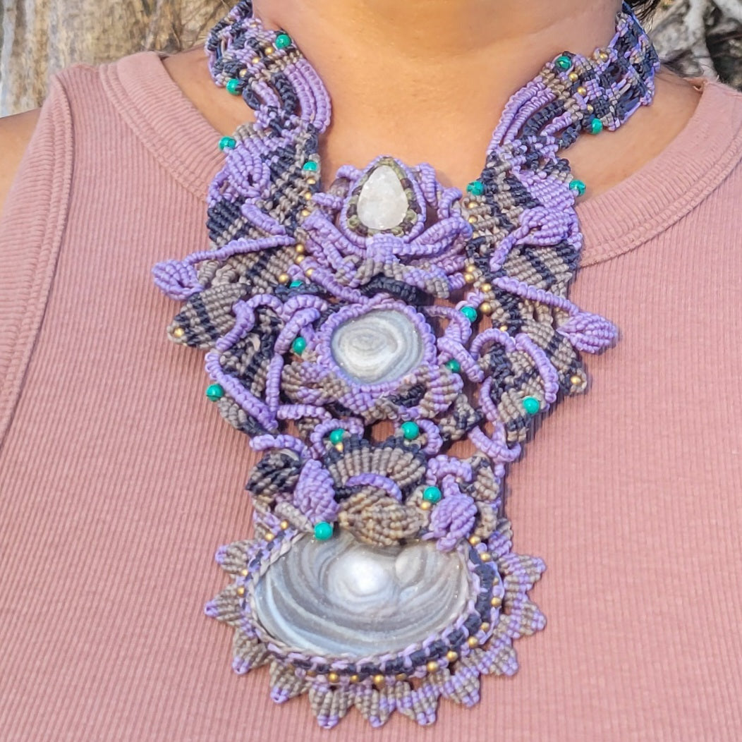 Agate Necklace – Triple Druzy Agate Boho Choker Breastplate with macramé cords and stone accents.
